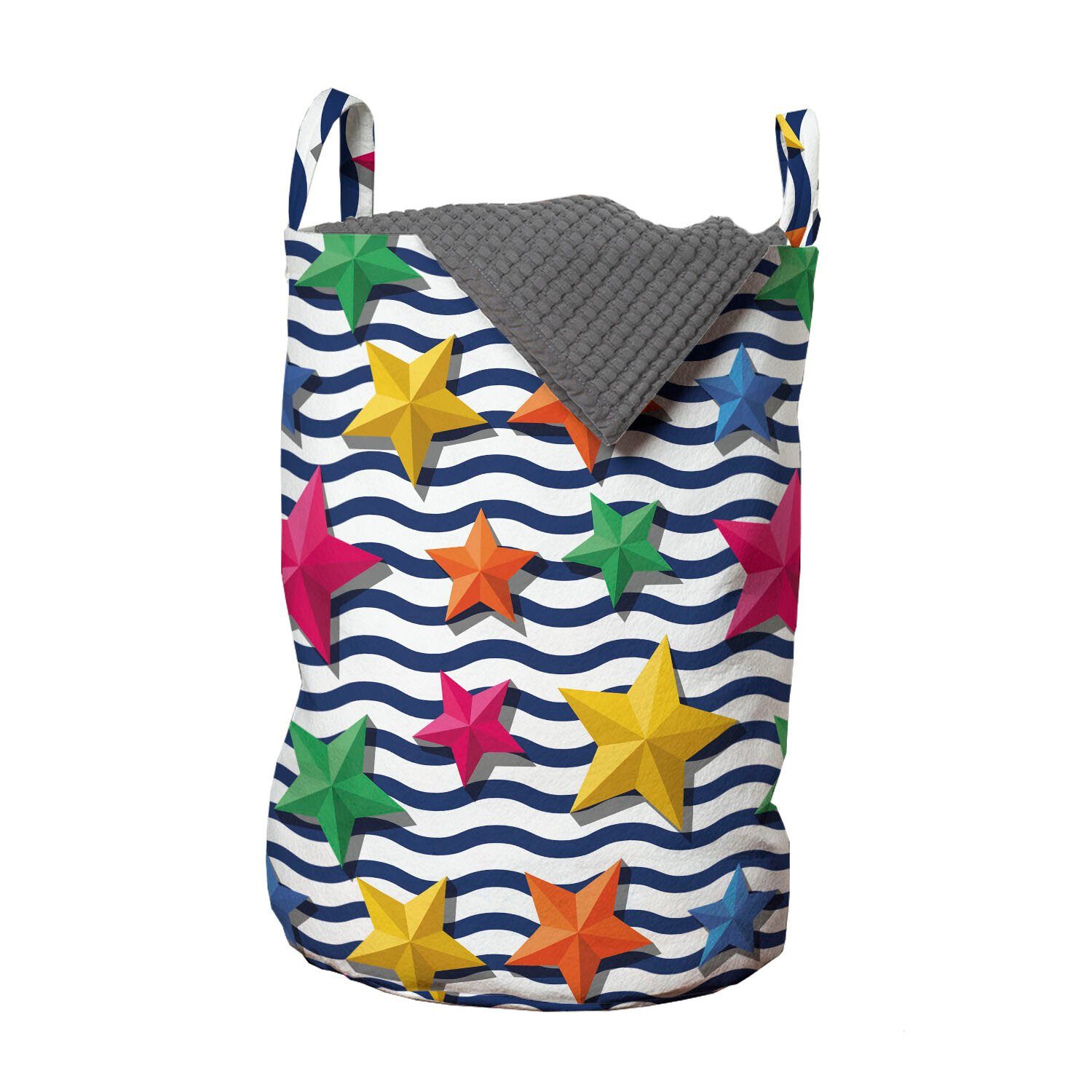 Abakuhaus Wäschesäckchen Wäschekorb mit Griffen Kordelzugverschluss für Waschsalons, Nautisch 3D Sterne gewellte Streifen