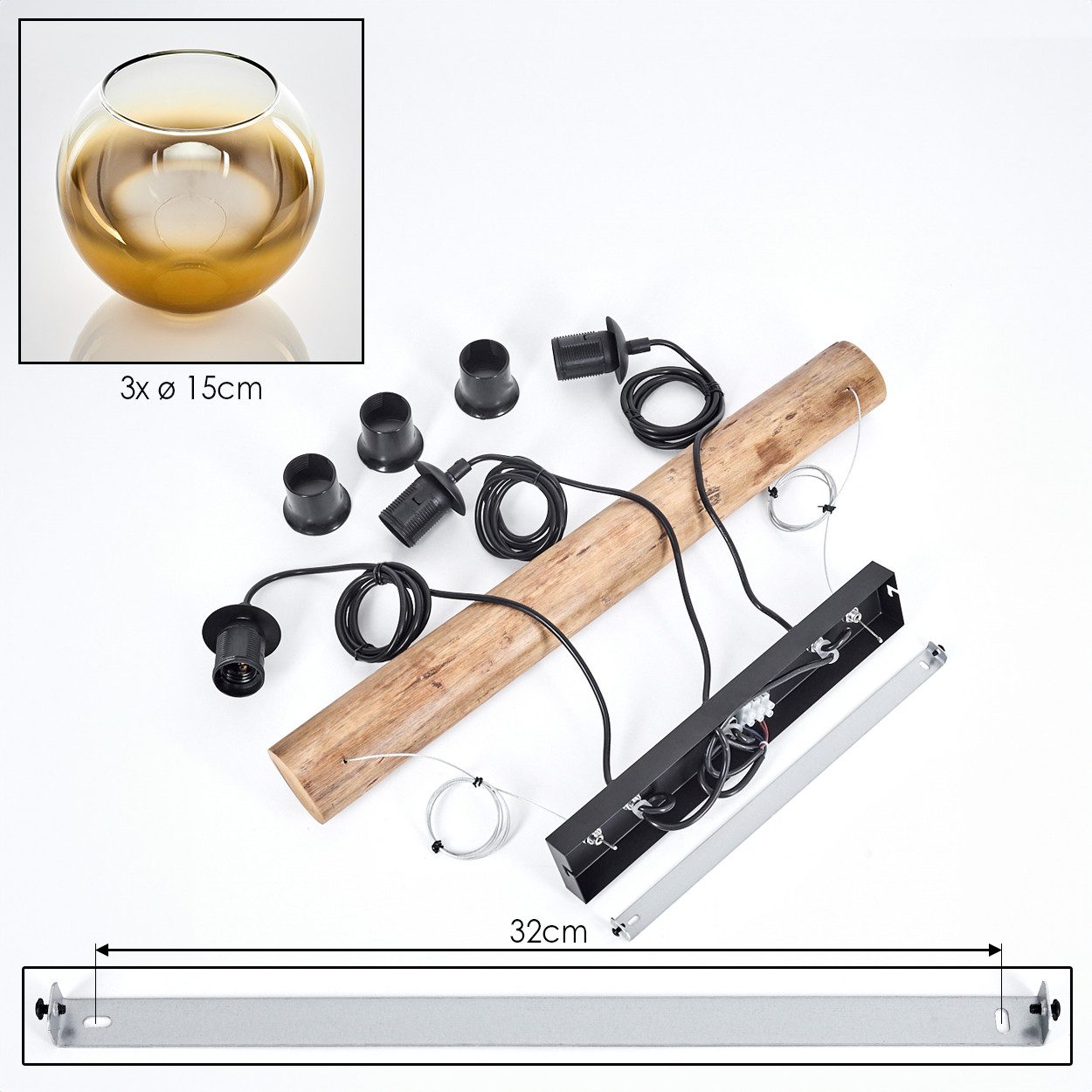 hofstein Pendelleuchte Hängelampe aus Metall/Holz/Glas in Schwarz/Natur-/Goldfarben/Klar, ohne Leuchtmittel, Hängeleuchte im Boho-Design mit Glasschirmen und Holzbalken, 3 x E27