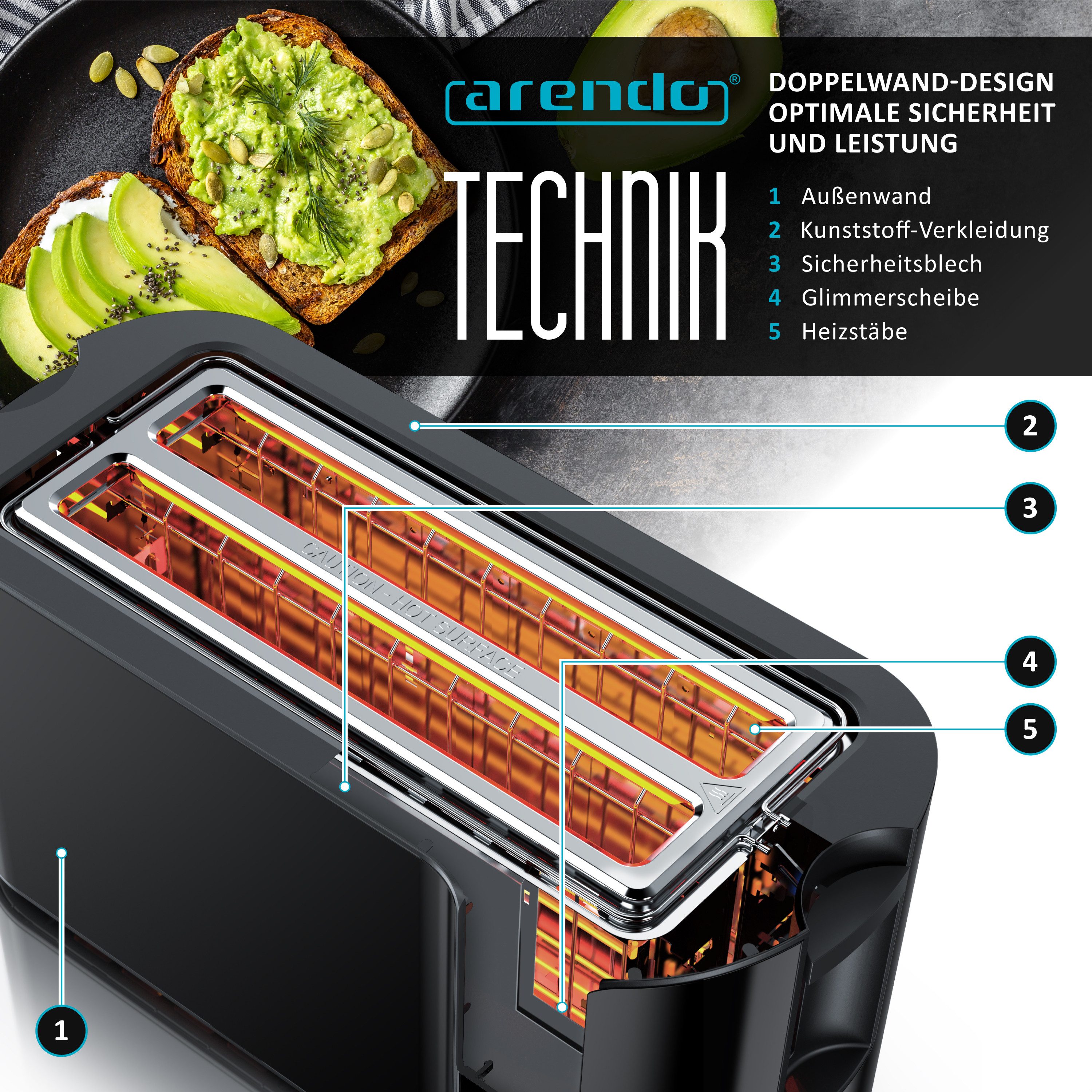Arendo Toaster Wärmeisoliertes Doppelwandgehäuse, Display mit Restzeitanzeige, 2 lange Schlitze, für 4 Scheiben, 1500 W, Langschlitz, Touchpanel, Brötchenaufsat – Bild 5 von 5