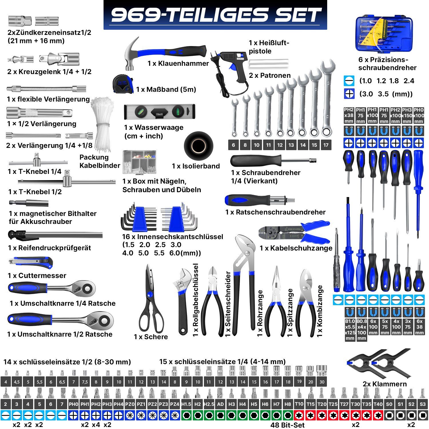 blau 969 Werkzeug tlg Werkzeugkiste Werkzeugtrolley, MASKO Werkzeugkoffer Werkzeugkasten
