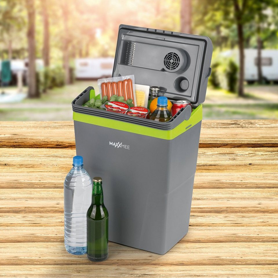 MAXXMEE Outdoor-Flaschenkühler Kühlbox - Wahlweise via Netzkabel oder  KFZ-Anschluss, - 22l Volumen - grau/limegreen