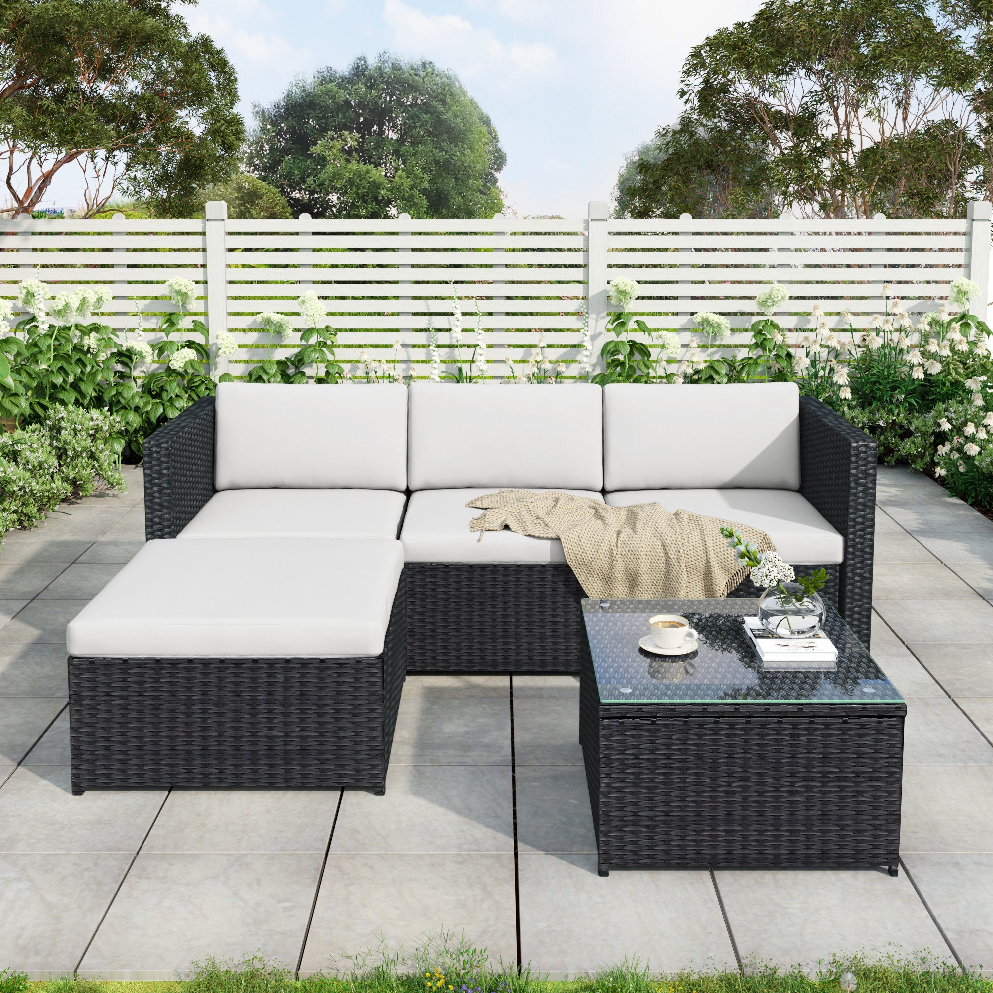 Flieks Gartenmöbelset, (5-tlg), Loungeset Polyrattan Sofagarnitur  Gartenmöbel Couchgarnitur mit Sitz- und Rückenkissen, Tisch mit Glasplatte  online kaufen | OTTO