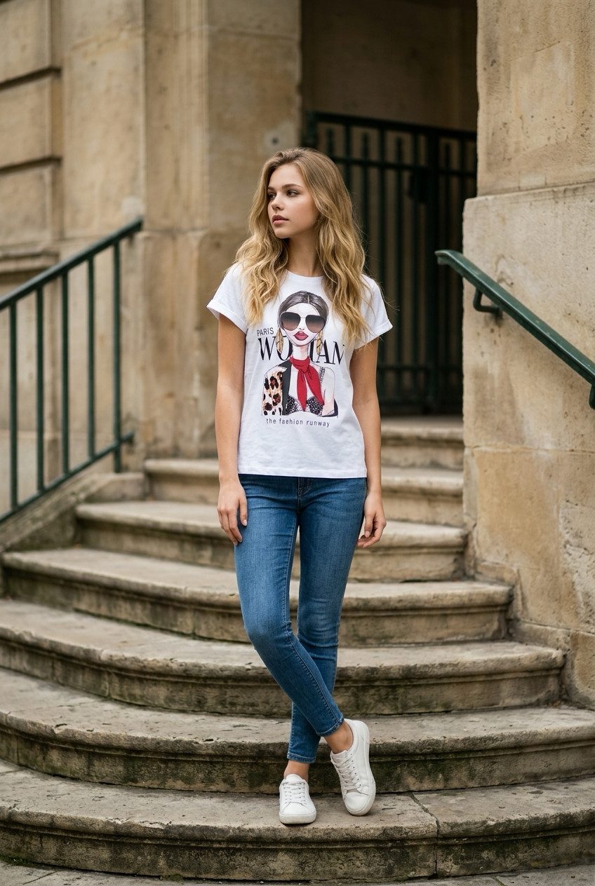 Zuckerwatte Print-Shirt Rundhalsshirt, modischer Frontprint "Paris Woman", aus 100% Baumwolle