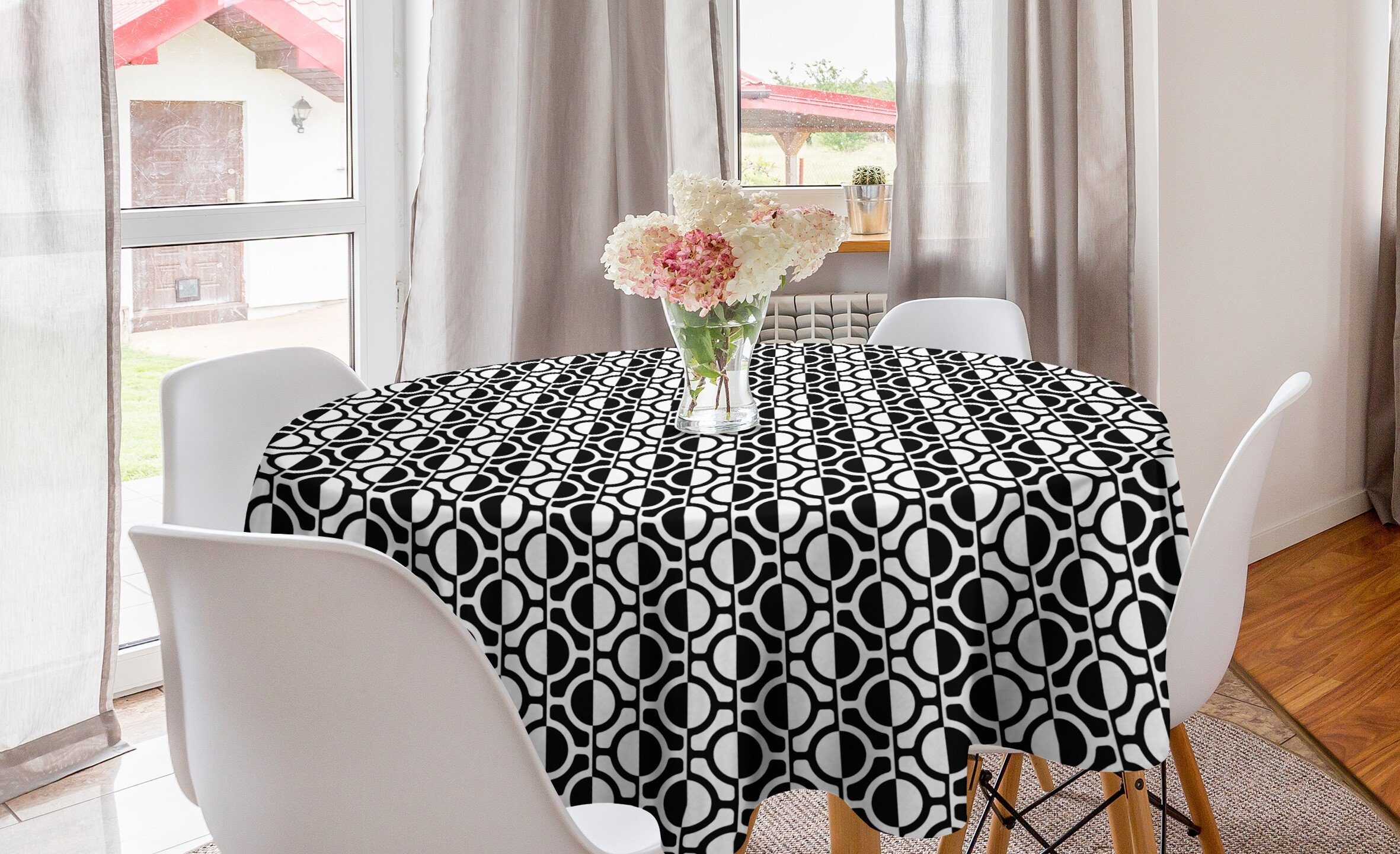 Abakuhaus Tischdecke Kreis Tischdecke Abdeckung für Esszimmer Küche Dekoration, Schwarz und weiß Gitter-Muster