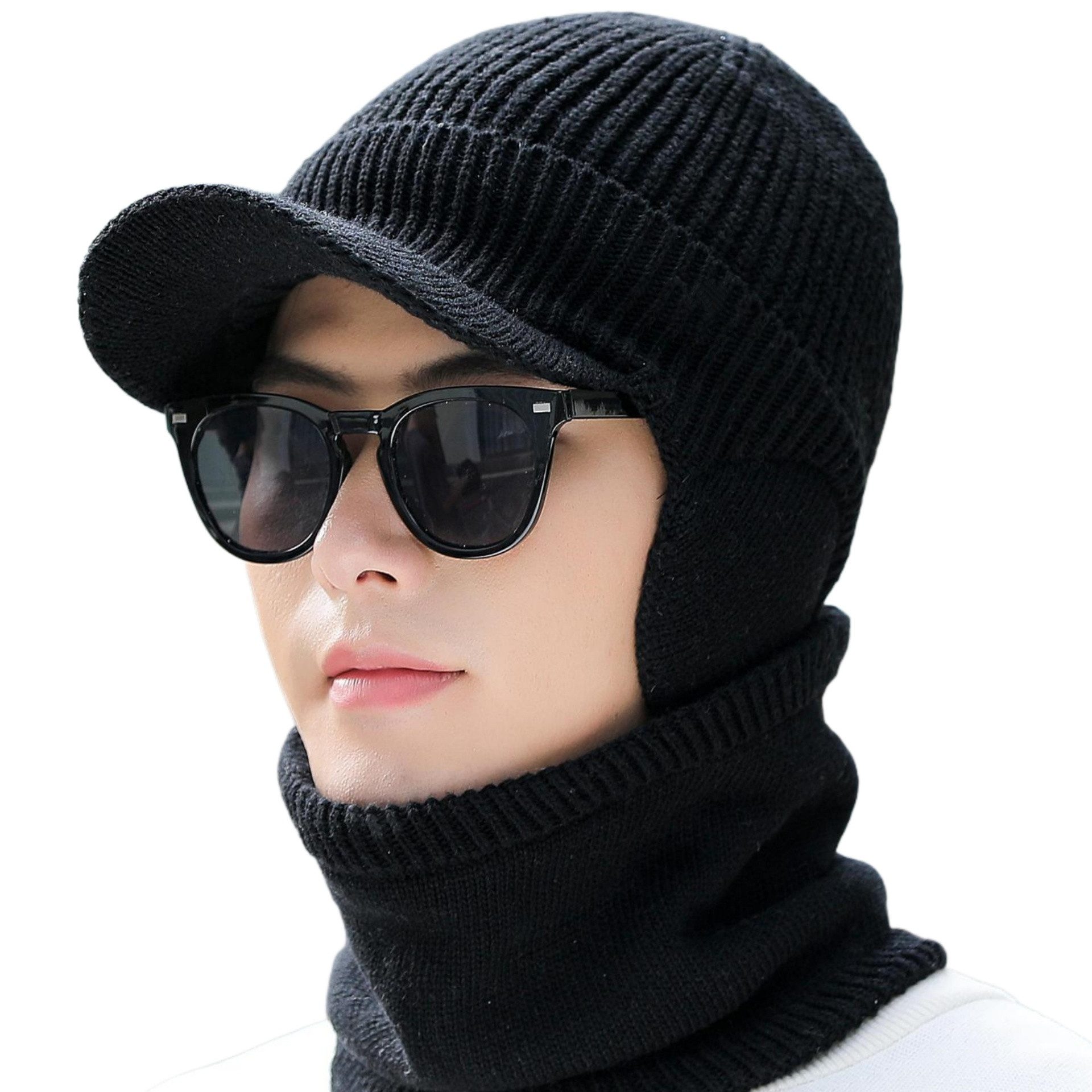 Coonoor Mütze & Schal 2 Stück Mütze Schal mit Ohrenklappen Sets für Herren Damen (Strick Gefüttert Beanie Mütze Baseballkappe Schal Wärmer) für Kaltes Wetter 2-in-1 Geschenk Set für den Winter