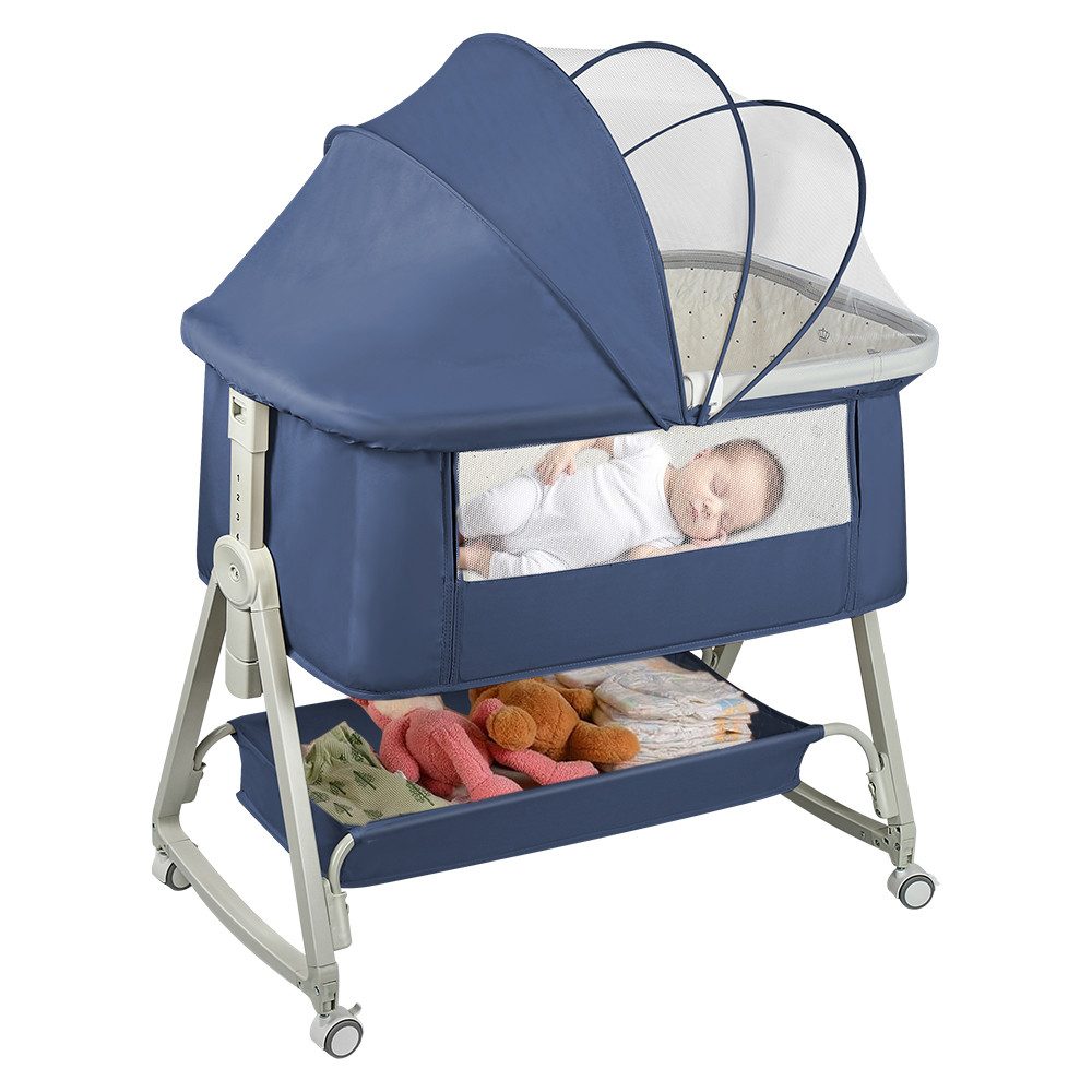 JEOBEST Beistellbett 3 in1 Babybetten mit Rollen, Beistellbett Baby mit Moskitonetz, (6 Fach Höhenverstellung und Neigungsverstellung)mit Aufbewahrungskorb