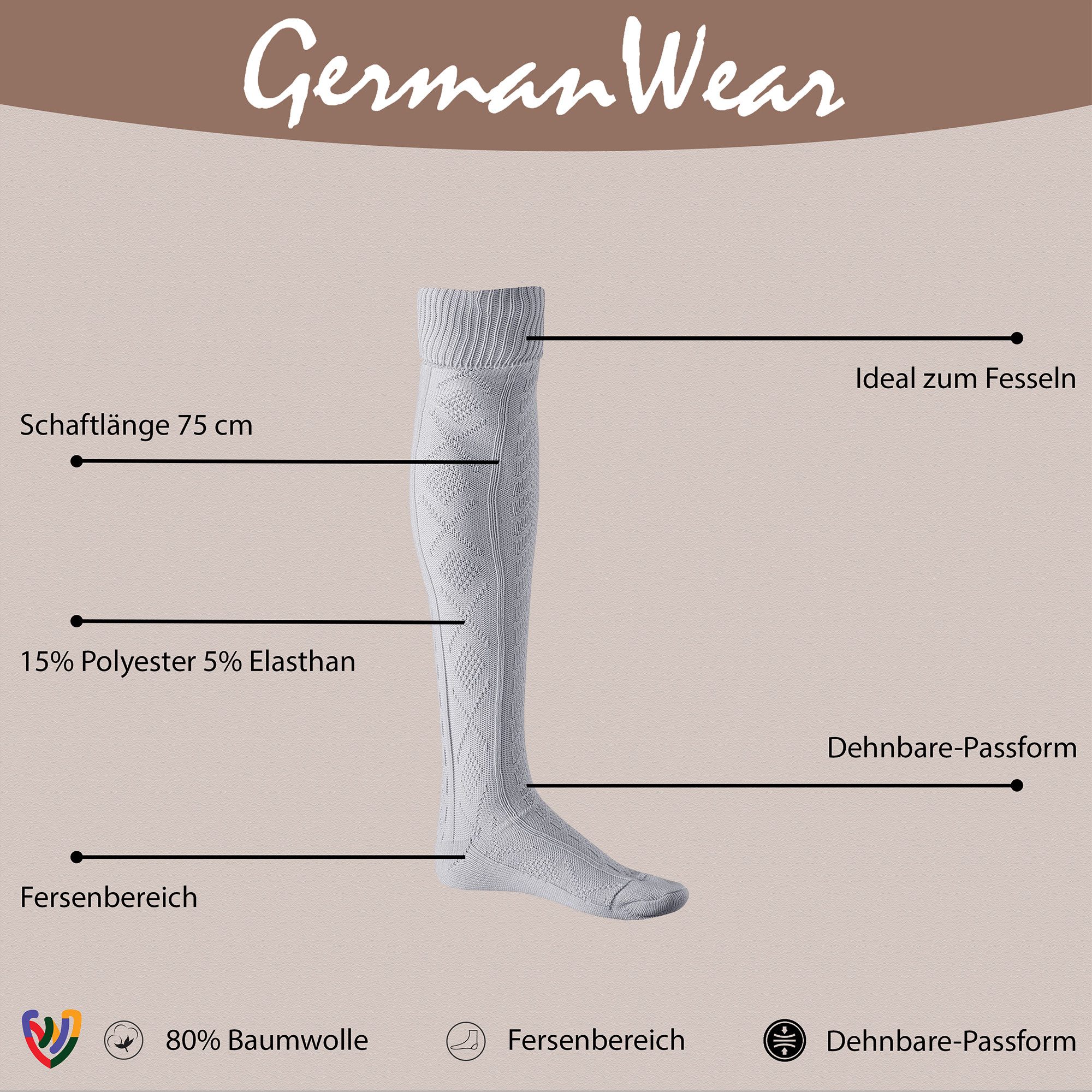 German Wear Trachtensocken GW260 EXTRA Lange Trachtensocken Kniehoch Strümpfe Socken 75cm