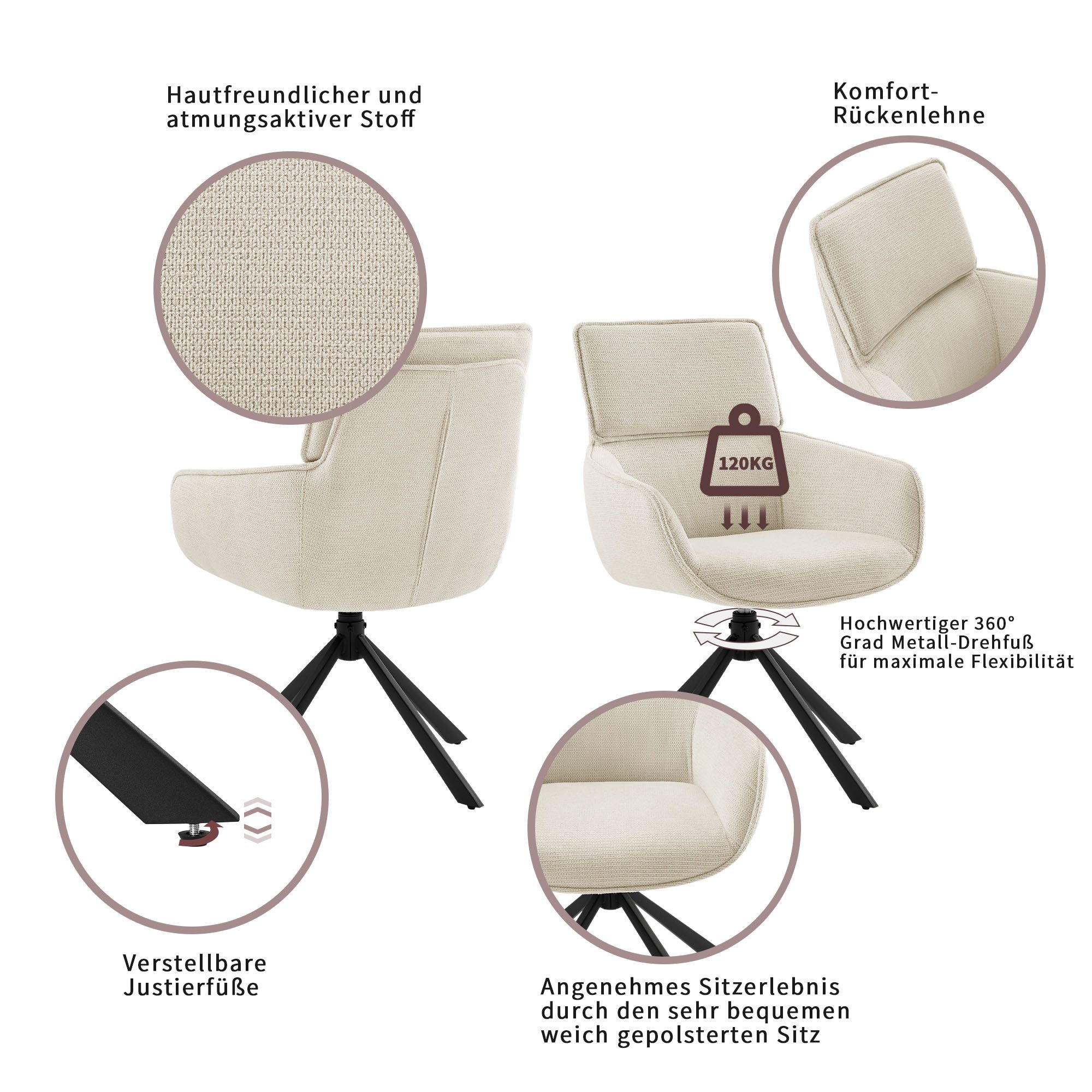 OTTO home Esszimmerstuhl Cusey, 360° drehbar, extra dicke Polsterung, 2er-Set (Set, 2 St), mit 360° Metallfuß, Komfort-Rückenlehne und hautfreundlichem Webstoff