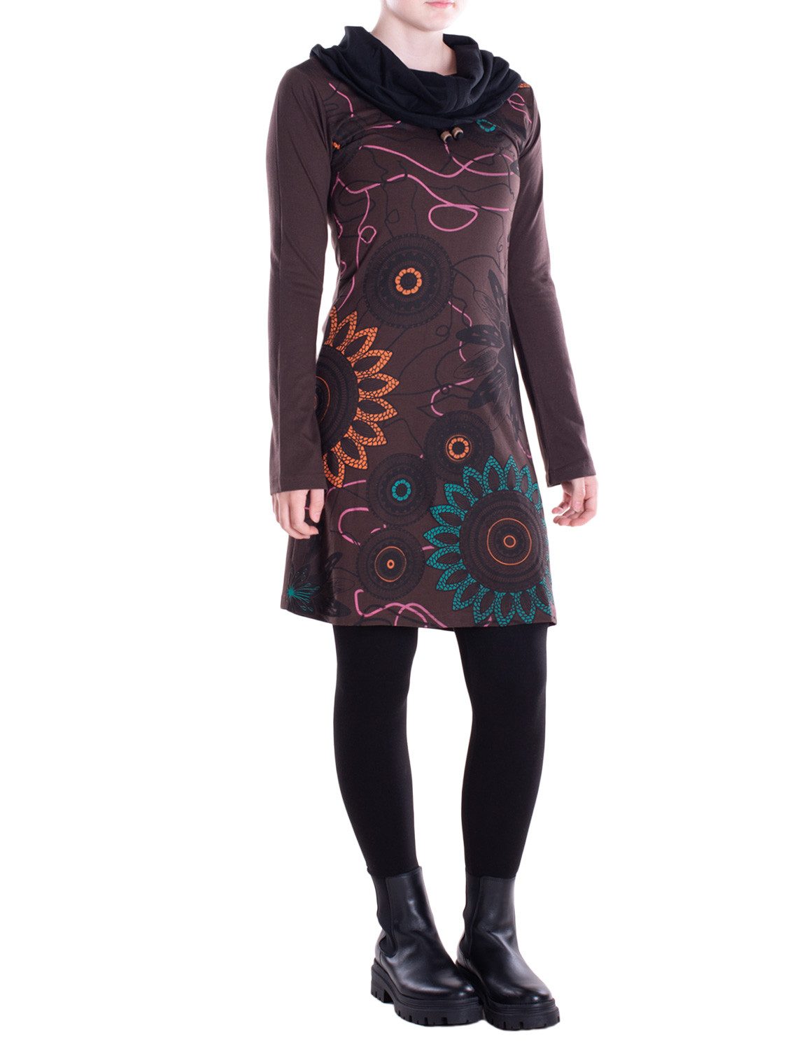Vishes Tunikakleid Damen Mandala-Kleid Schal-Kragen Langarm-Shirtkleid günstig online kaufen