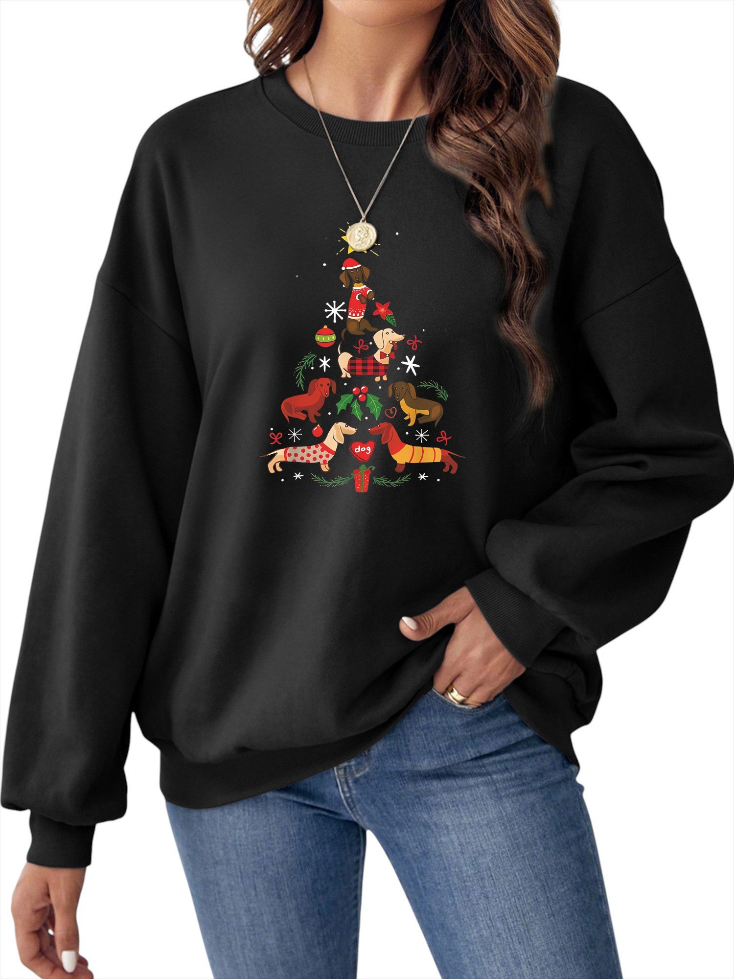 PYLIKE Rundhalspullover Damen Festival Fleecepullover mit Weihnachtsbaum Dr günstig online kaufen