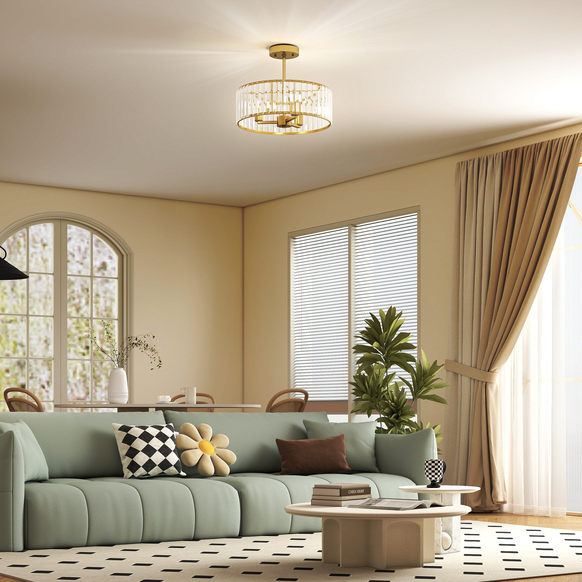 HOMCOM Deckenleuchte Kristall Deckenlampe Hängend, 3 x E14, Runde Deckenbeleuchtung, Elegantes Kristalllicht, E14 Glühbirnen, für Schlafzimmer Wohnzimmer Ø39 x 32 cm, exkl. Glühbirne Gold