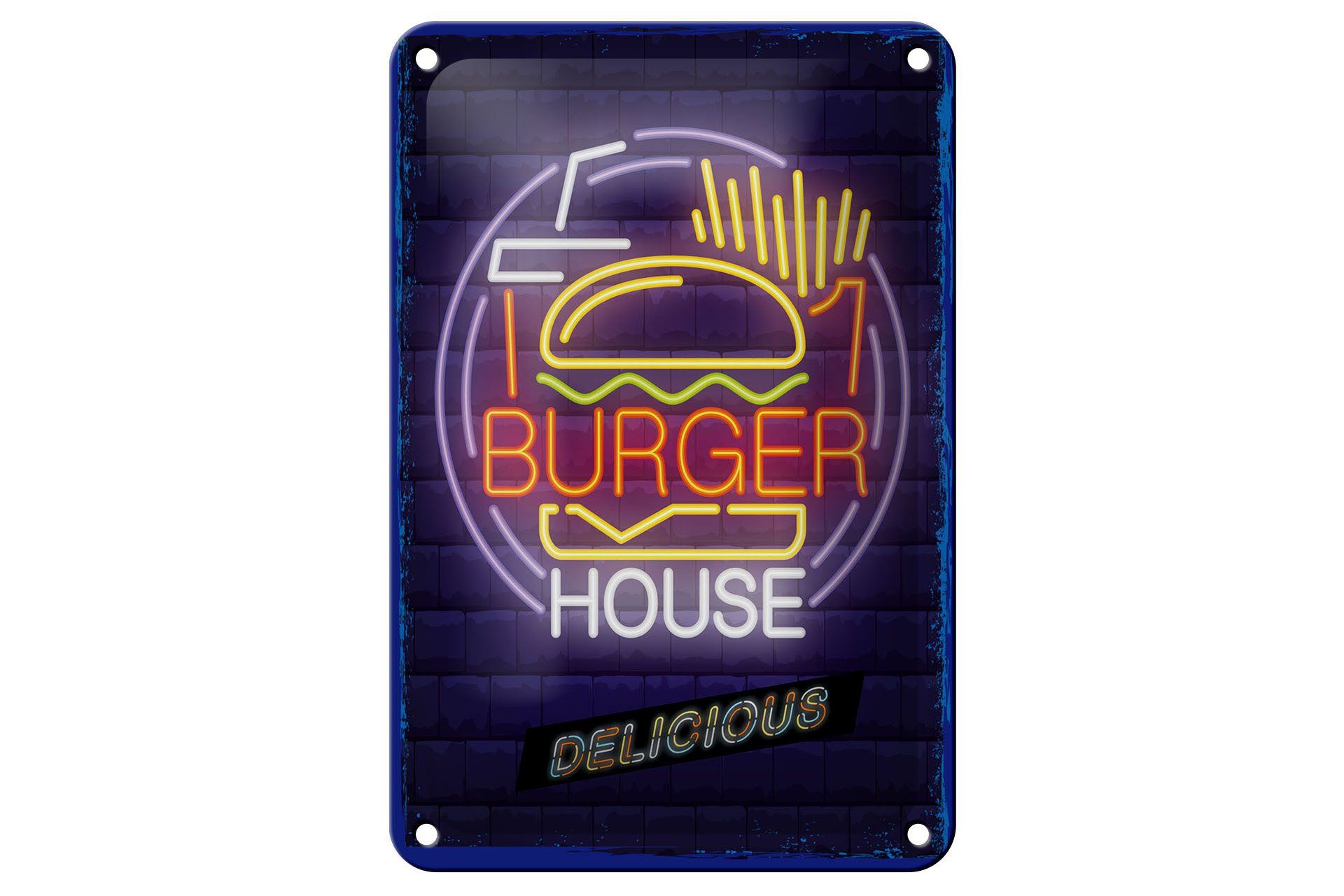 Femer GmbH Metallschild Hinweis 12x18 cm Burger House Delicious Deko Reklame, (1 St), gewölbte Oberfläche, abgerundete Ecken, umgeschlagene Kanten