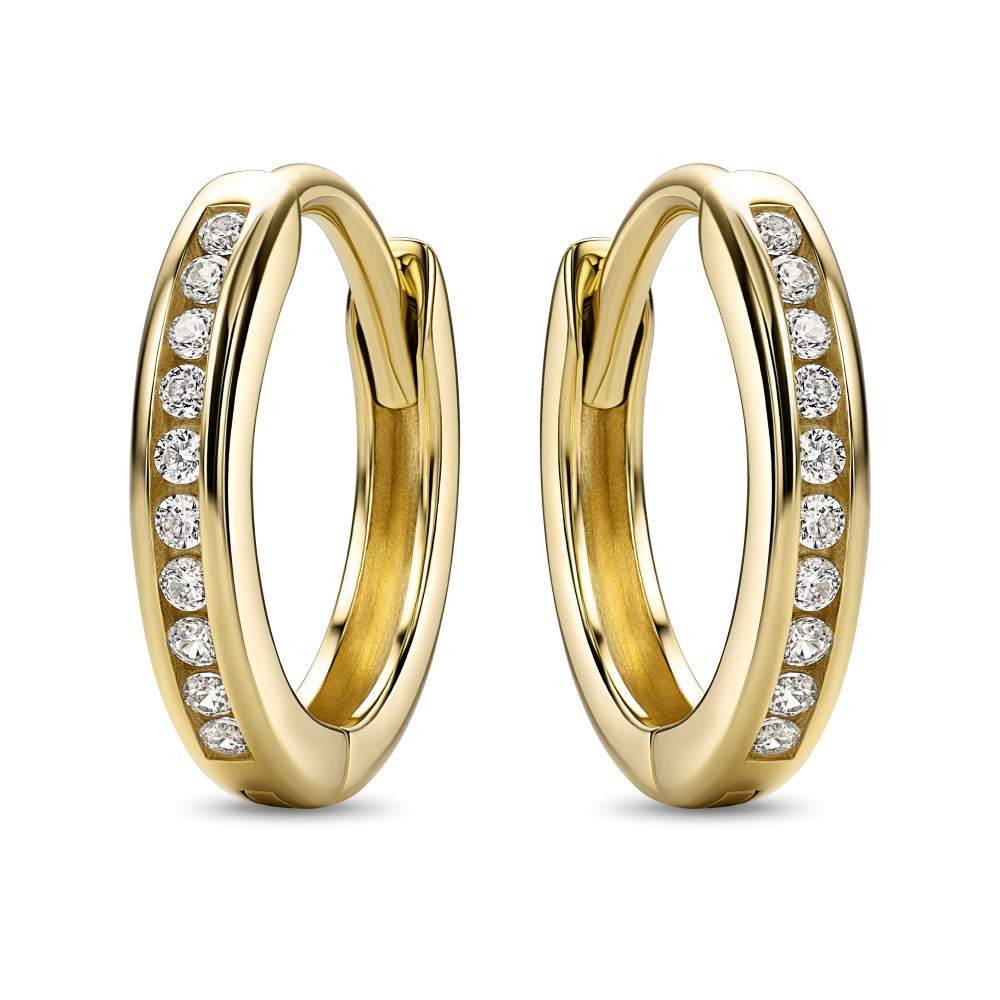 Miore Klappcreolen MAE9110E für Damen aus 9K (375) Gelbgold in 11,5 mm x 2 mm, mit 20 Zirkonia insgesamt 0,16 ct