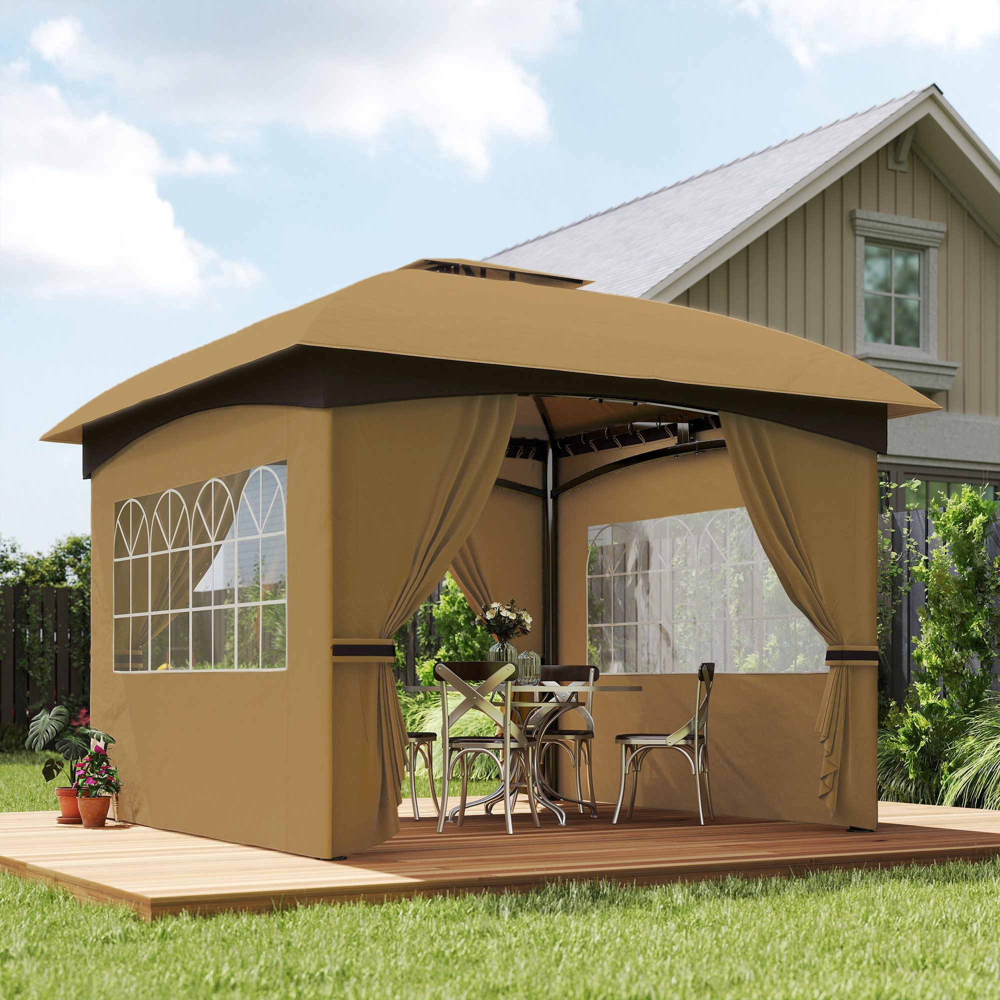 Outsunny Pavillon Gartenpavillon Doppeldach, Partyzelt mit UV-Schutz, mit 4 Seitenteilen, (Partyzelt mit UV-Schutz, Gartenzelt), mit verzinktem Metallrahmen, für Garten Beige