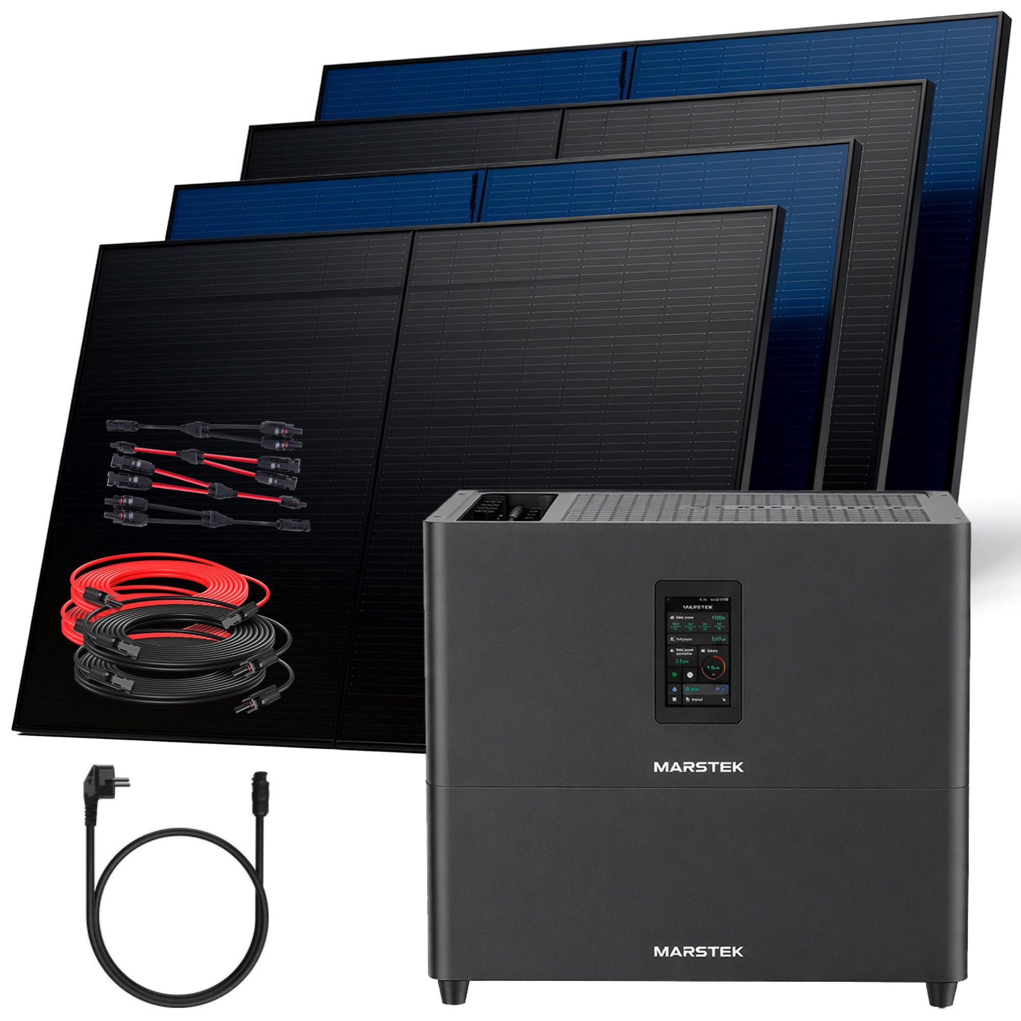 SUNNIVA Balkonkraftwerk 2000W mit 5,12 kWh Speicher MARSTEK Jupiter C + Plus, (BIFAZIAL FULLBLACK komplett Steckdose, PV Solaranlage Komplettset mit Solarspeicher, 4x 500W N-Type Glas Bifacial PV)