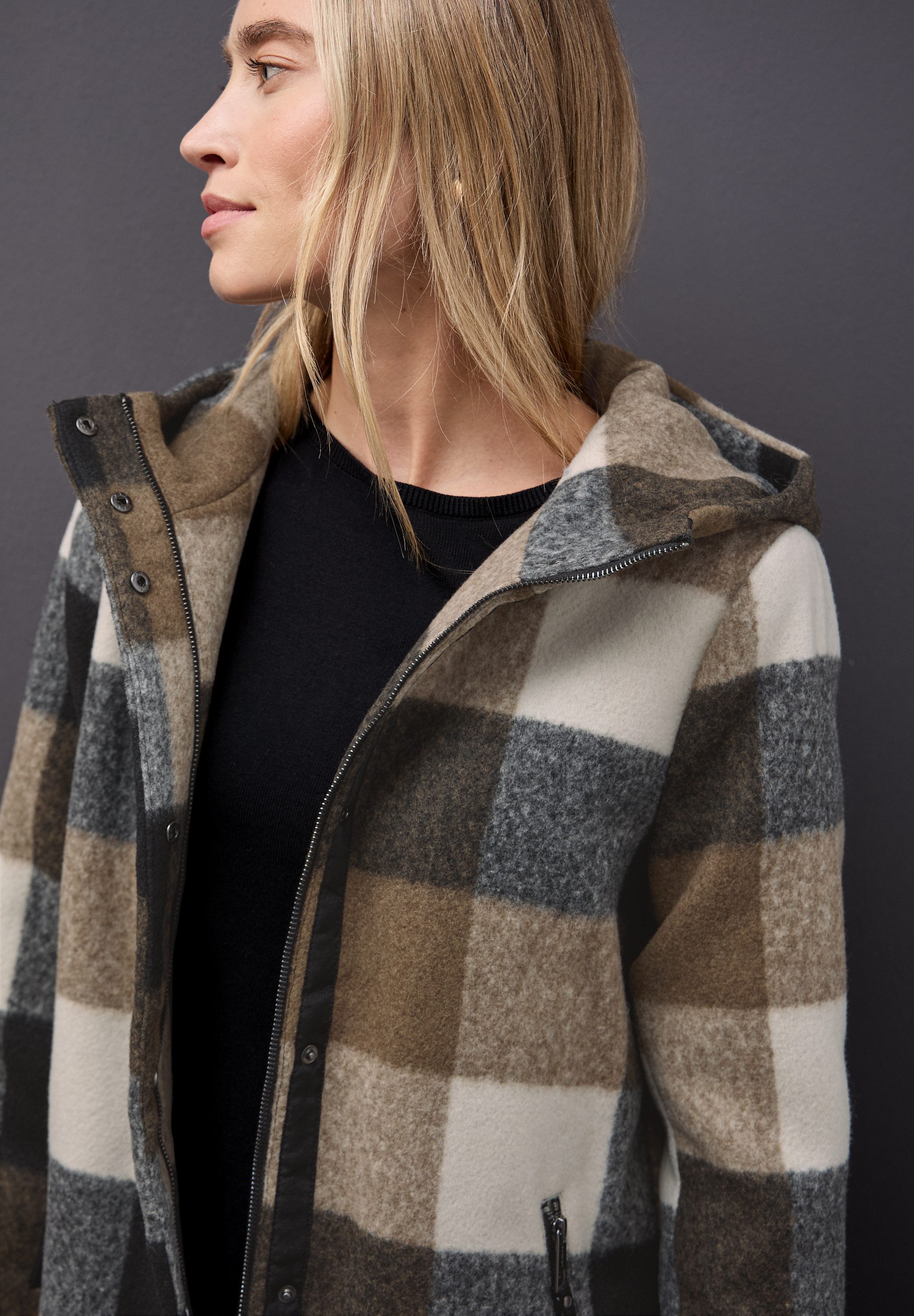 STREET ONE Strickfleecejacke mit Kapuze, kariert günstig online kaufen