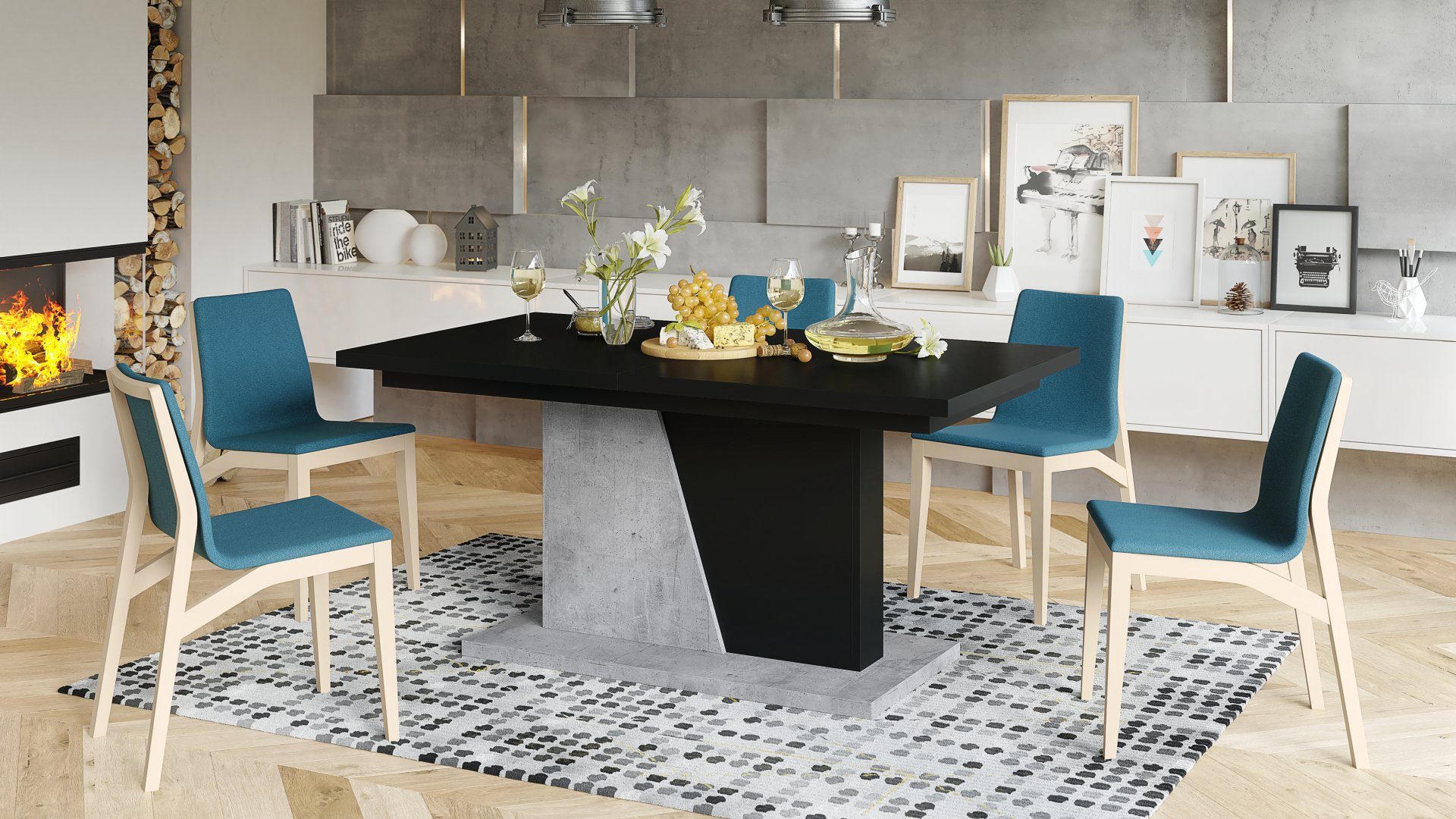 Esstisch Esstisch Mazzoni Schwarz matt Noble Beton ausziehbar - 160 Design Noir cm bis 218 Tisch