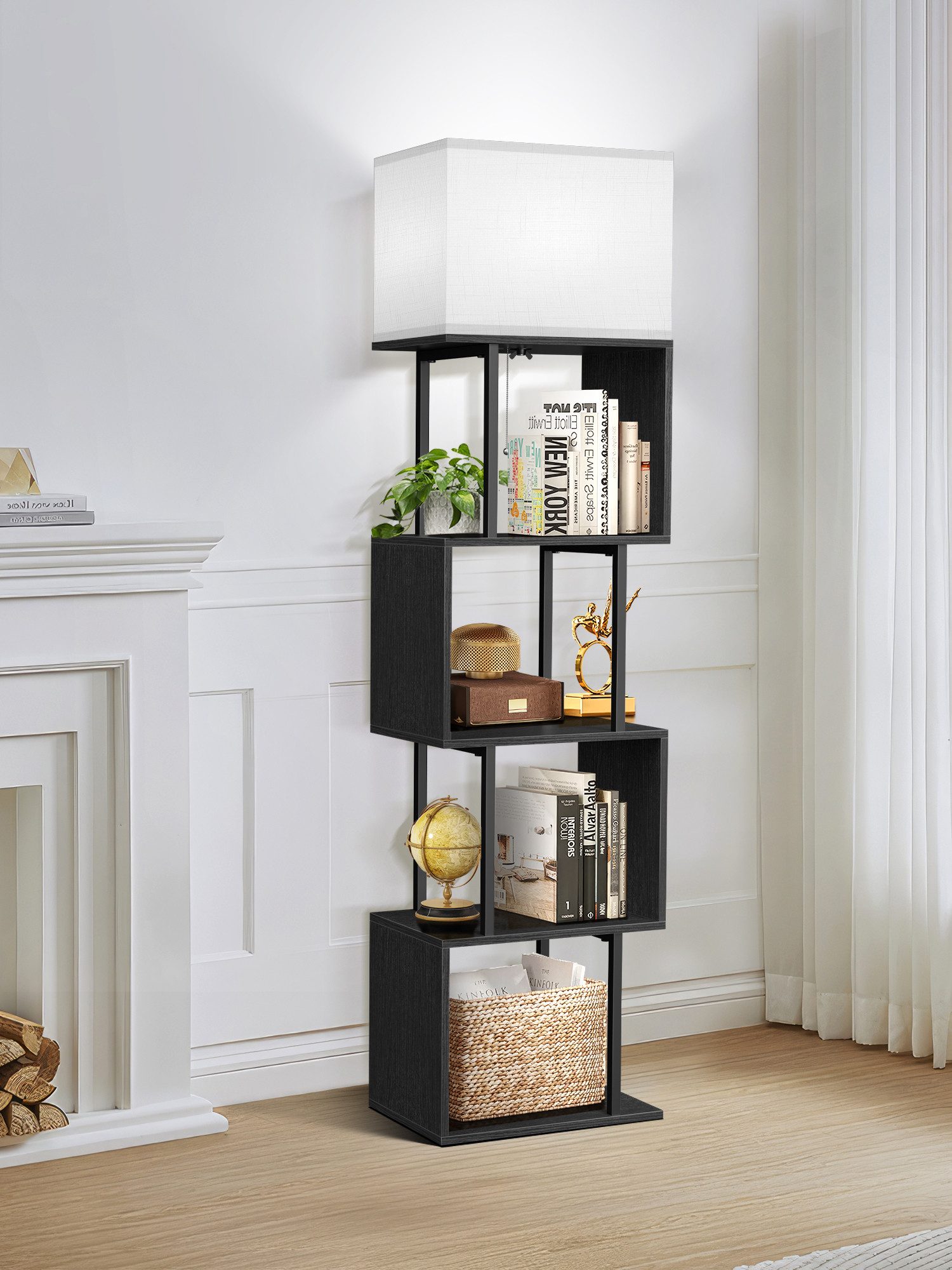 OUTON Stehlampe S-förmiges Bücherregal mit Beleuchtung, 4 Ebenen, Fernbedienung, 3000K-6000K, gelb/schwarz
