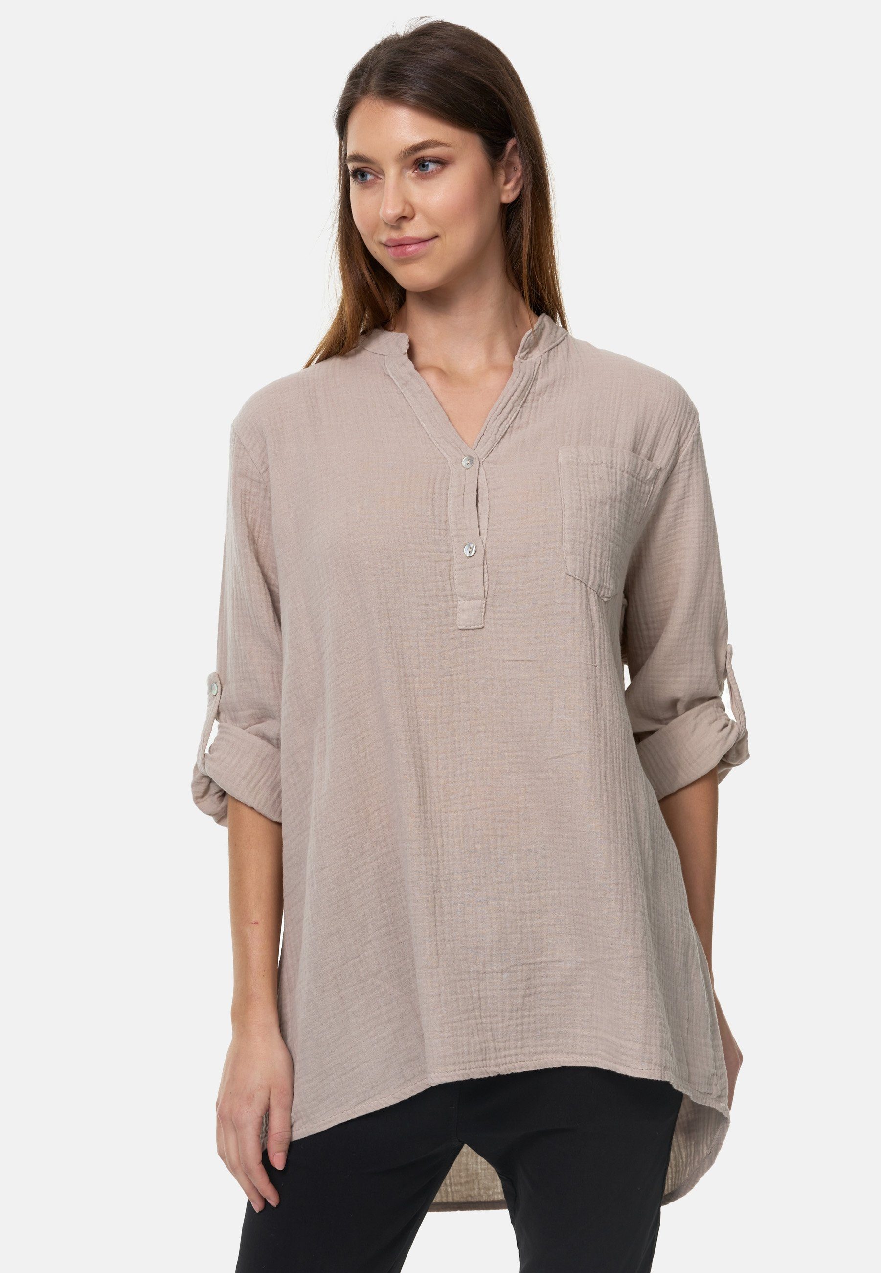 Rayshyne Longbluse PM-17 (Sommerliche Musselin Tunika Bluse mit Tasche in Einheitsgröße)