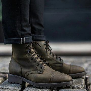 UE Stock Thursday Herren Schnürschuhe Stiefel aus mattem Leder Gr. 46 Olivgrün Schnürstiefelette für Bequemlichkeit