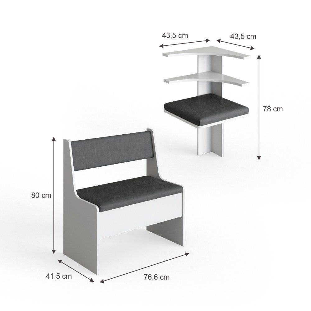 Vicco Sitzbank Roman, Weiß/Anthrazit, 120 x 120 cm Ohne Tisch (Set, 5-St., 3-er Set), bequeme Polsterung