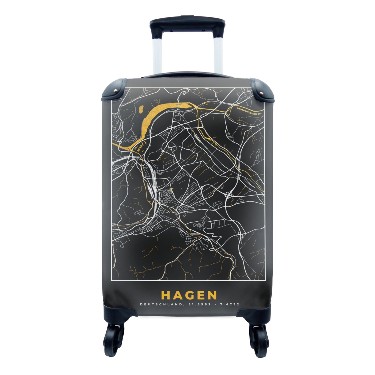 MuchoWow Handgepäckkoffer Hagen - Deutschland - Karte - Gold - Stadtplan, 4 Rollen, Reisetasche mit rollen, Handgepäck für Ferien, Trolley, Reisekoffer