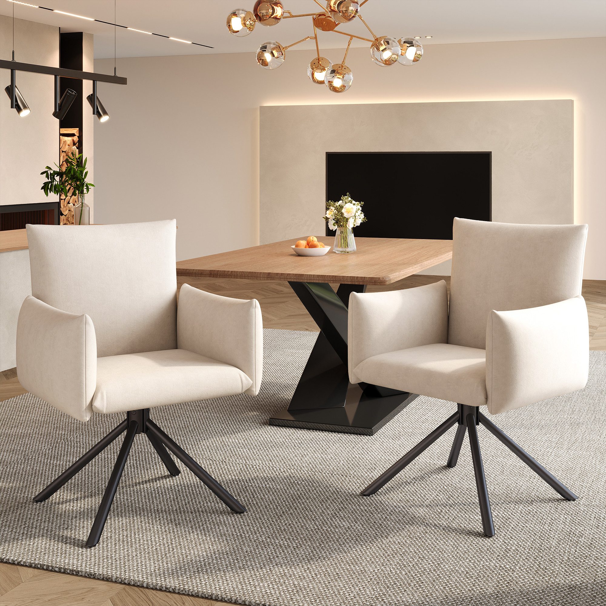 IDEASY Esszimmerstuhl 2er-Set Esszimmerstühle mit Lordosenstütze, Drehstuhl grau Samt, 360° drehbar, 4 Metallbeine, gepolsterter Sessel