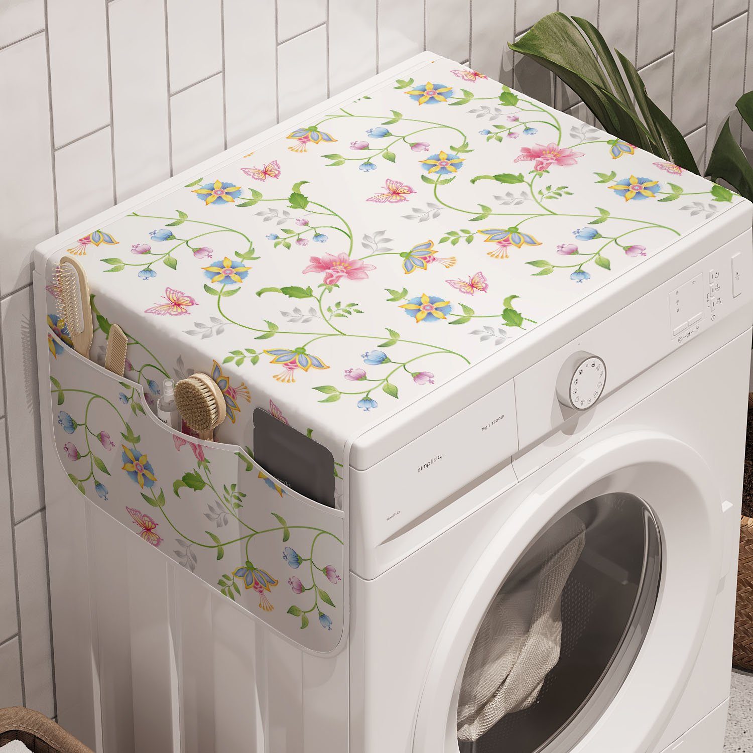 Abakuhaus Badorganizer Anti-Rutsch-Stoffabdeckung für Waschmaschine und Trockner, Blume Blüten und Schmetterlinge