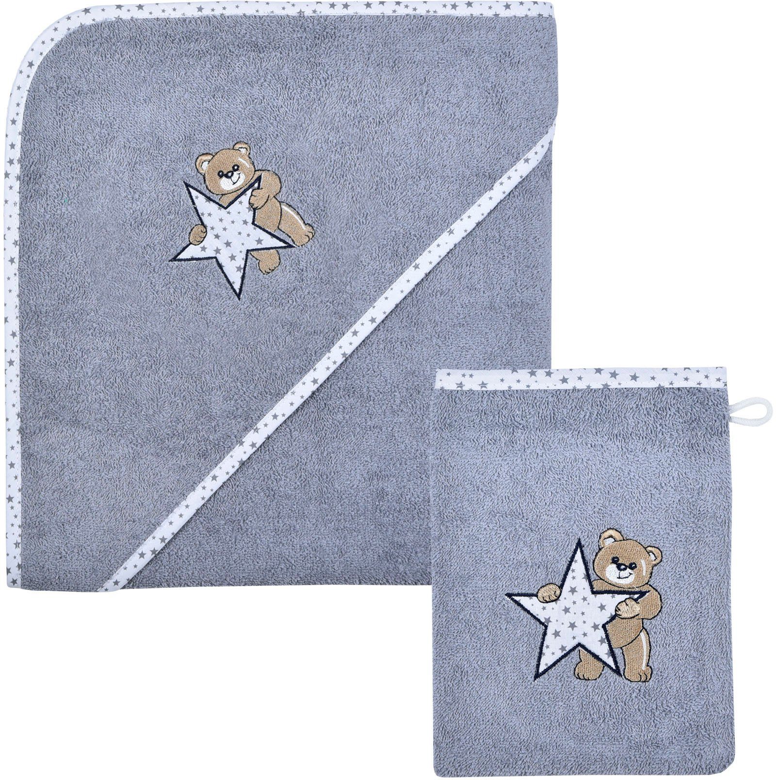 Wörner Handtuch Set Teddy/Stern Kapuzenbadetuch 100/100 mit Waschhandschuh, Frottier (Spar-Set, 2-St), mit süßer Teddystickerei