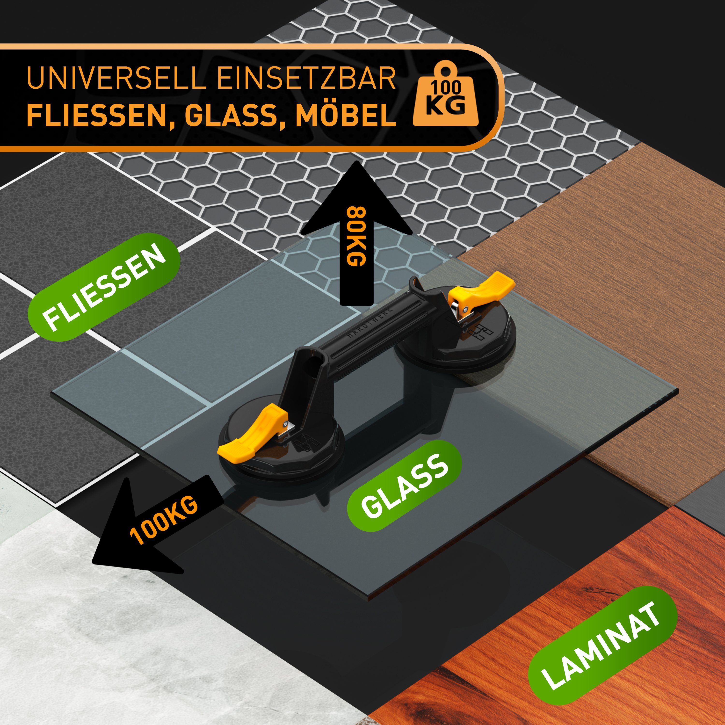 Set) kg & Traglast, max. 100,00 Saugnäpfe Profis für Plattenheber - Fliesen Saugheber Glasheber, - Schwarz -], Saugheber - Saugnapf Hardtwerk® (2er Glassauger