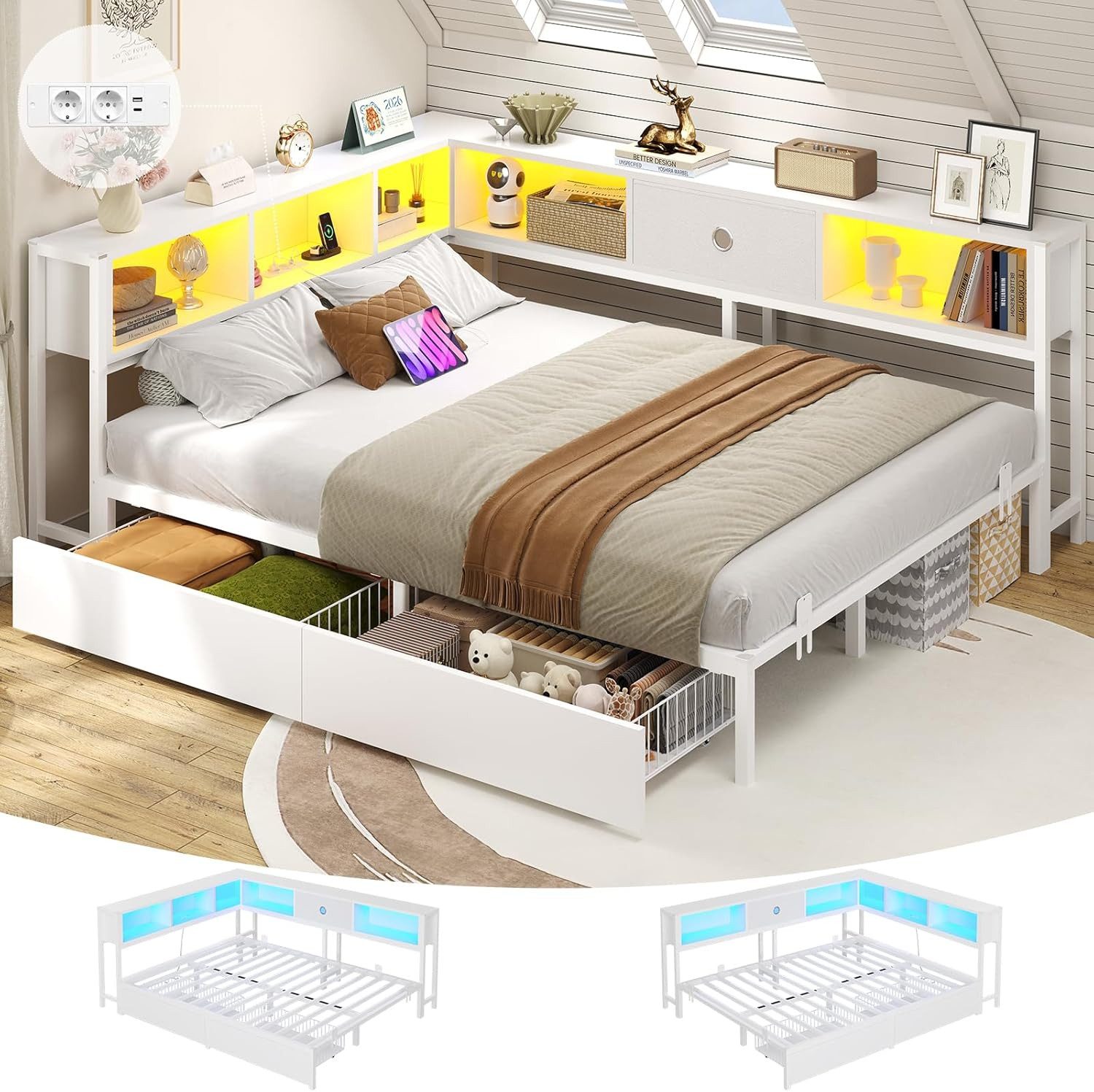 MSMASK Daybett Schlafsofa mit LED-Beleuchtung und Steckdose, Kinderbett, Jugendbett (1 tlg), Bett mit Metallrost, 140x200cm