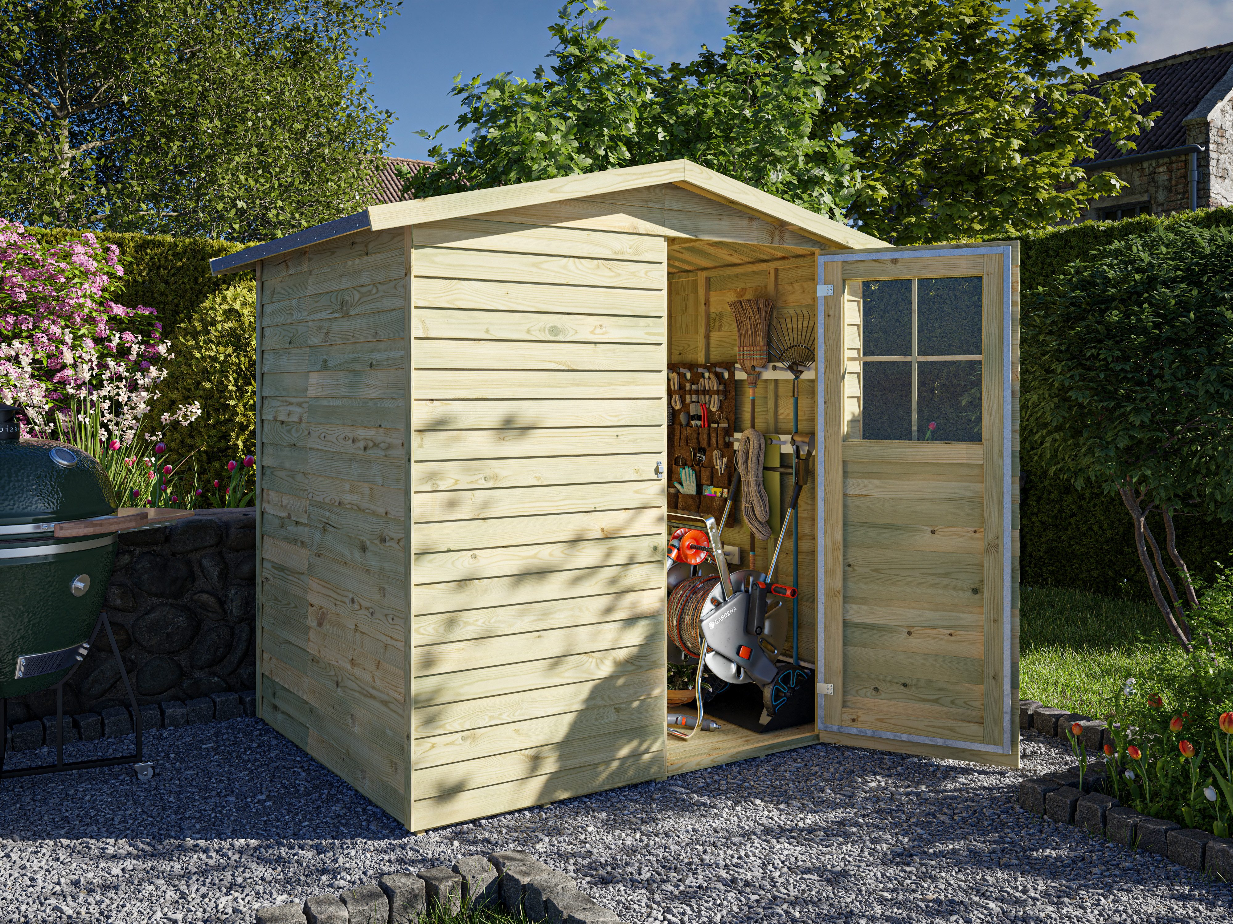 Belladoor Gartenhaus Gerätehaus Dortmund 1 9 mm kesseldruckimprägniert, BxT: 180x145 cm, 9 mm Wandstärke, Einzeltür mit Kunstglas-Einsätzen, Kesseldruckimpr...
