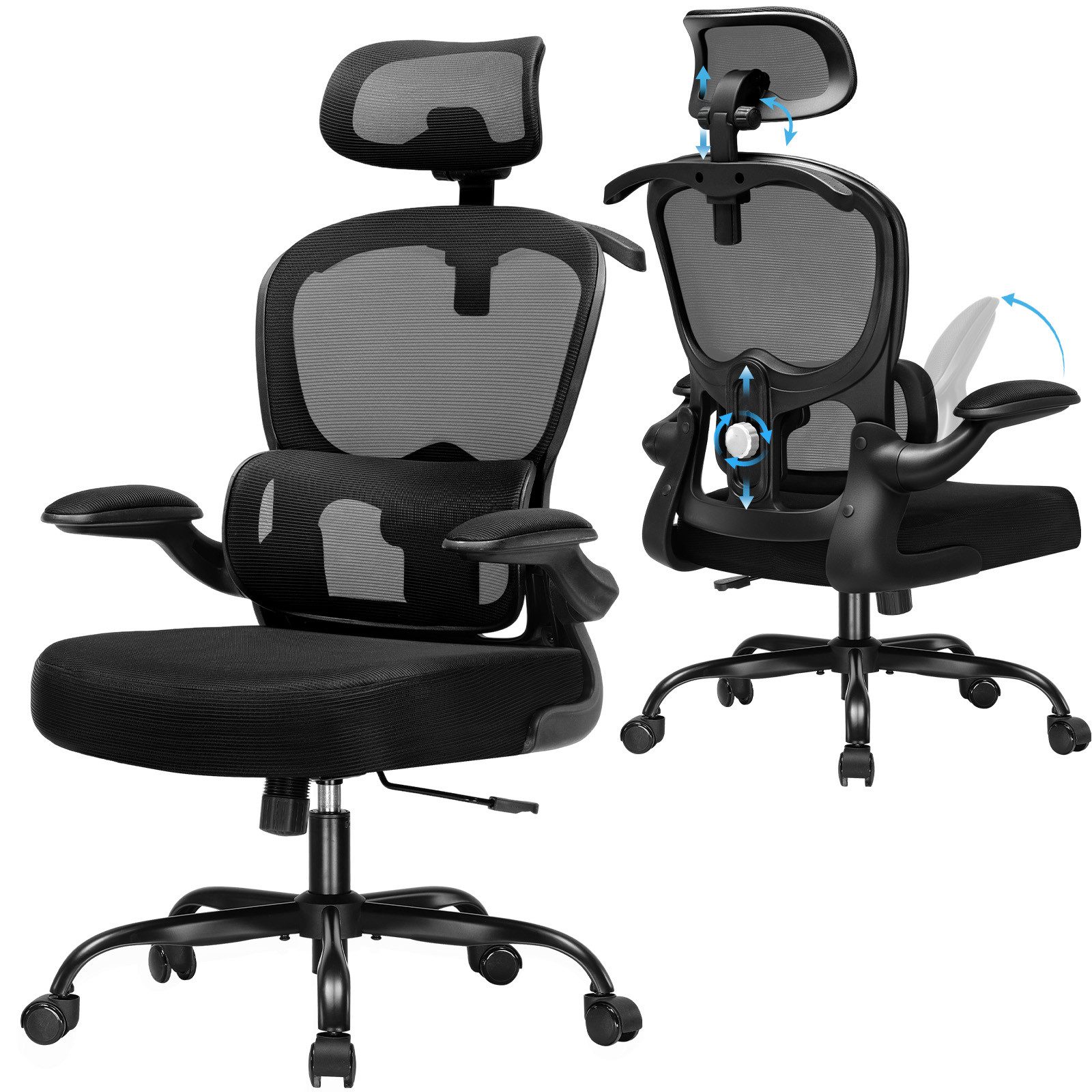 COMHOMA Bürostuhl Ergonomischer Schreibtischstuhl mit 3D Kopf- und Lendenwirbelstütze (Packung), verstellbare Kopfstütze und Armlehnen, Höhenverstellbar