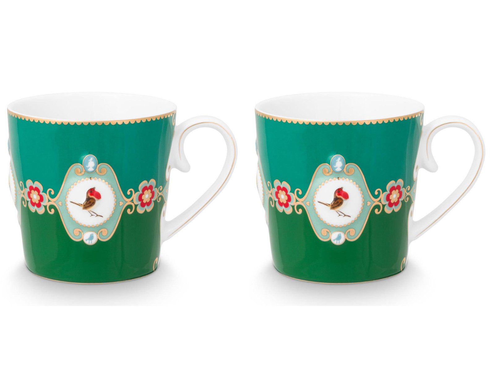 PiP Studio Becher Love Birds Medallion Emerald-Green Henkelbecher Large 0,25l Set2, Porzellan