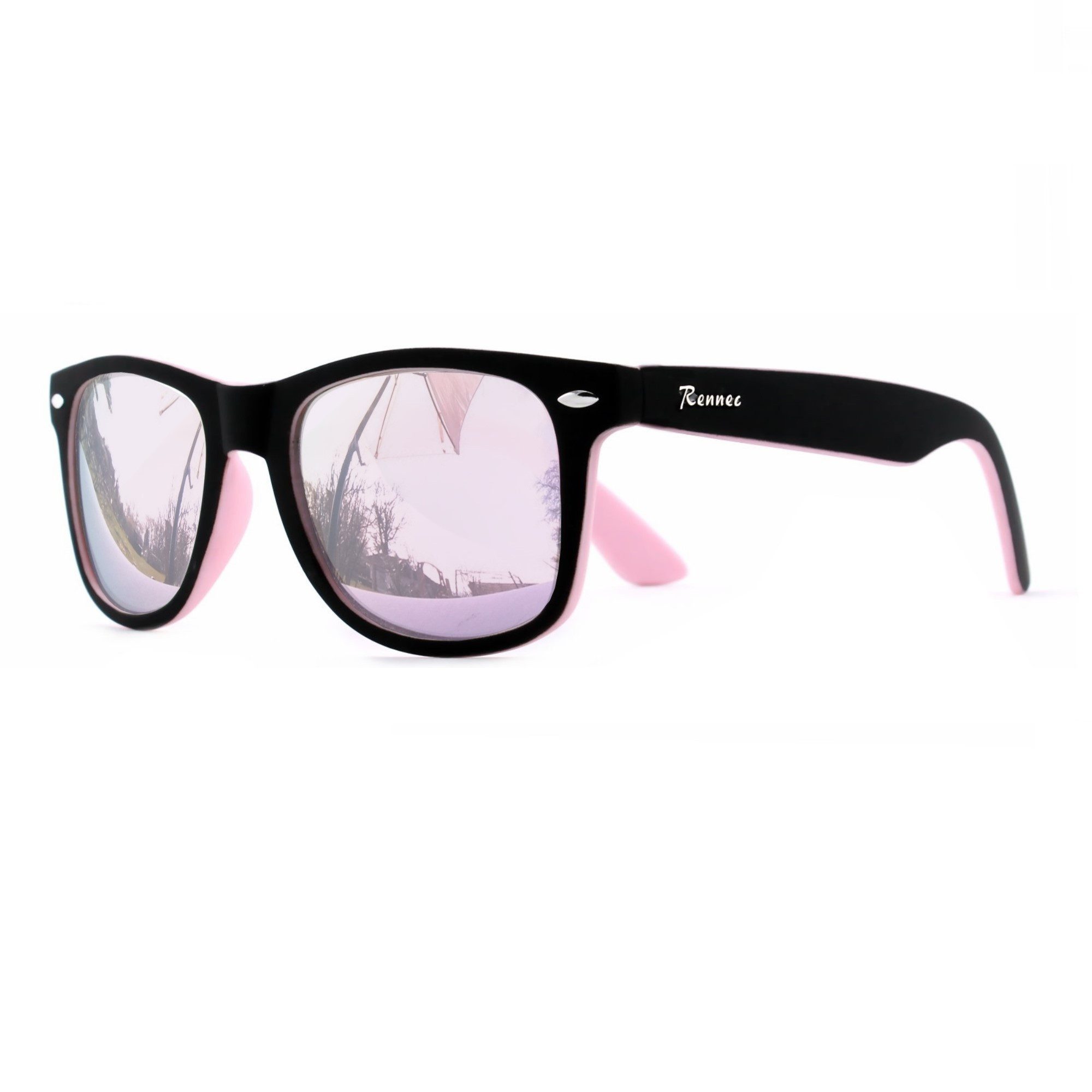 Rennec Sonnenbrille (Damen Brille Zweifarbig mit Brillenbeutel) Retro Brille Edelstahl Gelenke Schwarz Rosa Verspiegelt