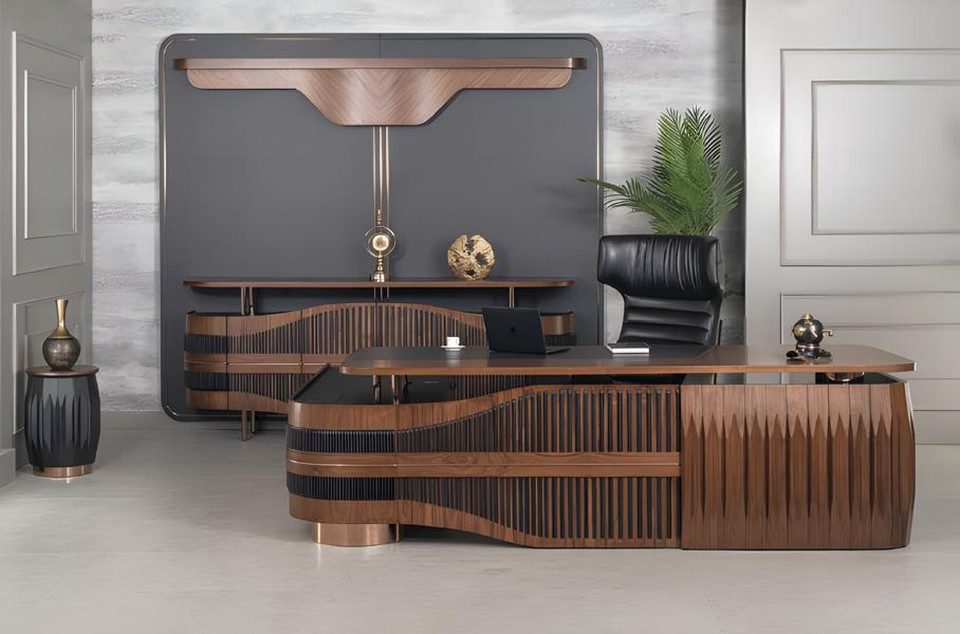 Xlmoebel Büromöbel-Set Modernes Büroeinrichtungsset mit Schreibtisch und eleganter Konsole, (5-tlg., Eckschreibtisch+Stuhl+Couchtisch+Konsole+Sessel), Hergestellt in Europa
