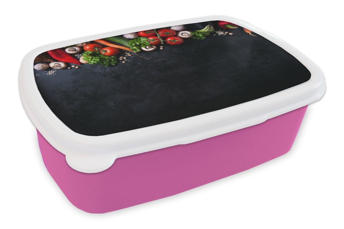 MuchoWow Lunchbox Gemüse - Kräuter - Gewürze - Schwarz - Rustikal - Küche, Kunststoff, (2-tlg), Brotbox für Erwachsene, Brotdose Kinder, Snackbox, Mädchen, Kunststoff rosa