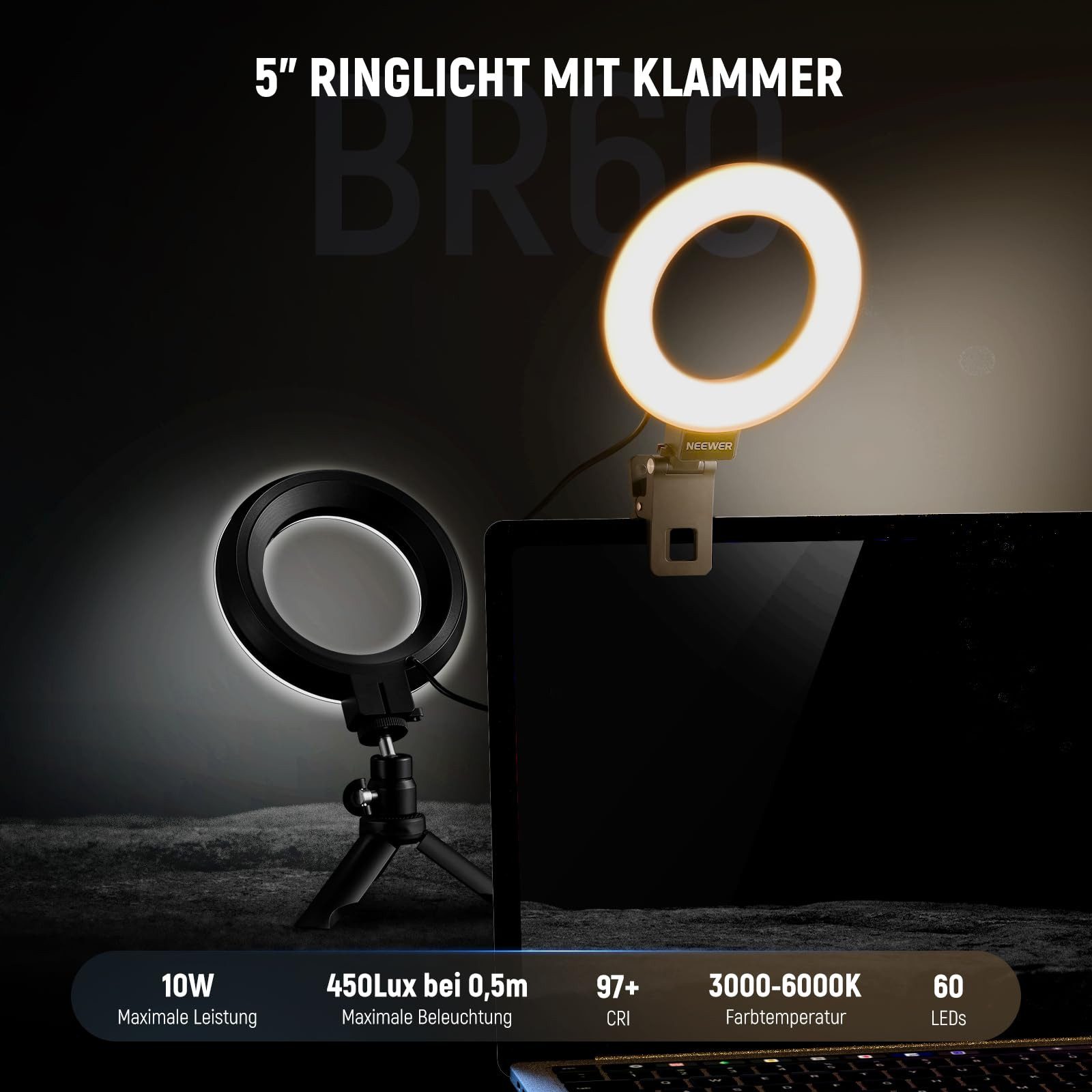 Neewer Ringlicht ST-RL BASICS 5" Ringlicht mit Klemme und Mini Stativ