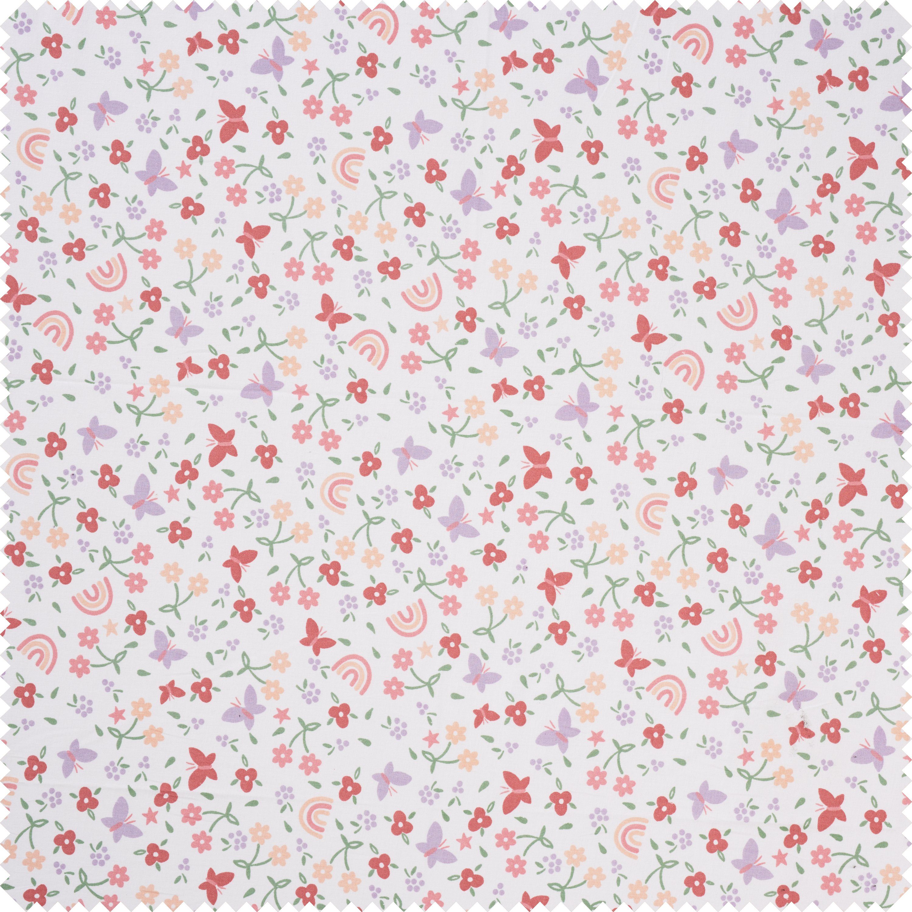 Stoff Blumen, Regenbogen und Schmetterlinge, 150 cm breit Meterware
