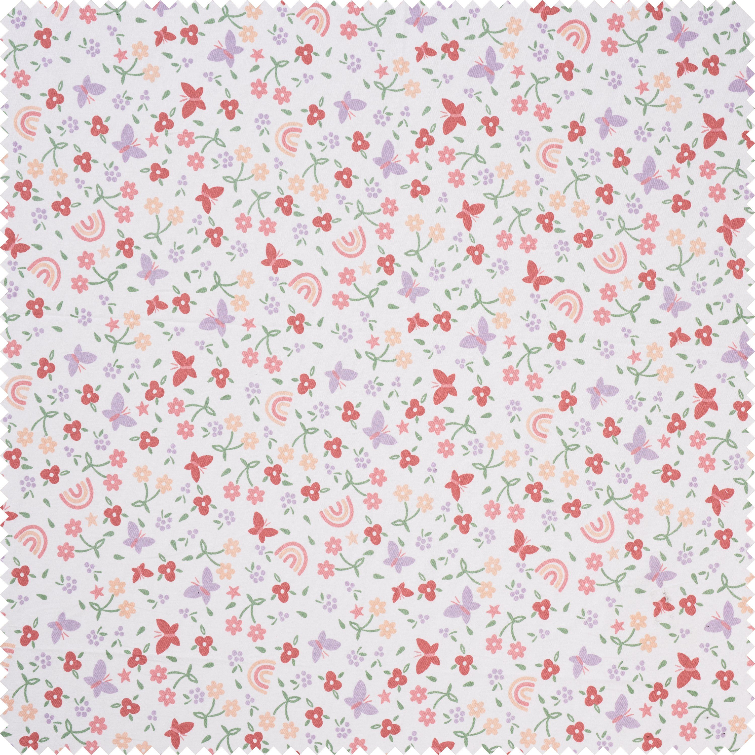 Stoff Blumen, Regenbogen und Schmetterlinge, 150 cm breit Meterware