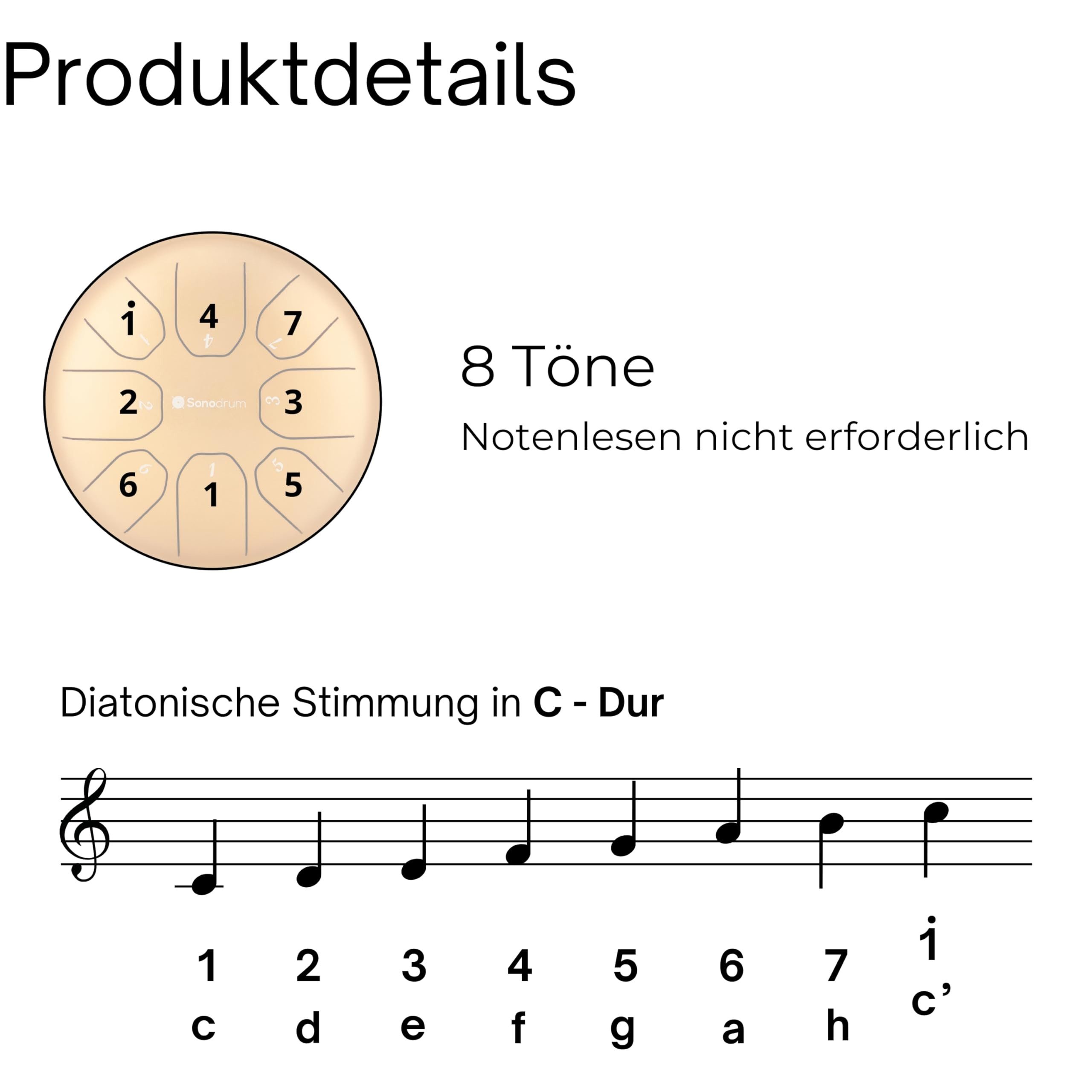 Sonodrum Steel Tongue Drum Zungentrommel "Standard" C - Dur - 14 cm klein mit 8 Tönen,- Steel Tongue Drum inkl. Liederbuch, Schlägel, Fingersticks und Tragetasche, - Notenlesen nicht nötig, einfach zu spielen
