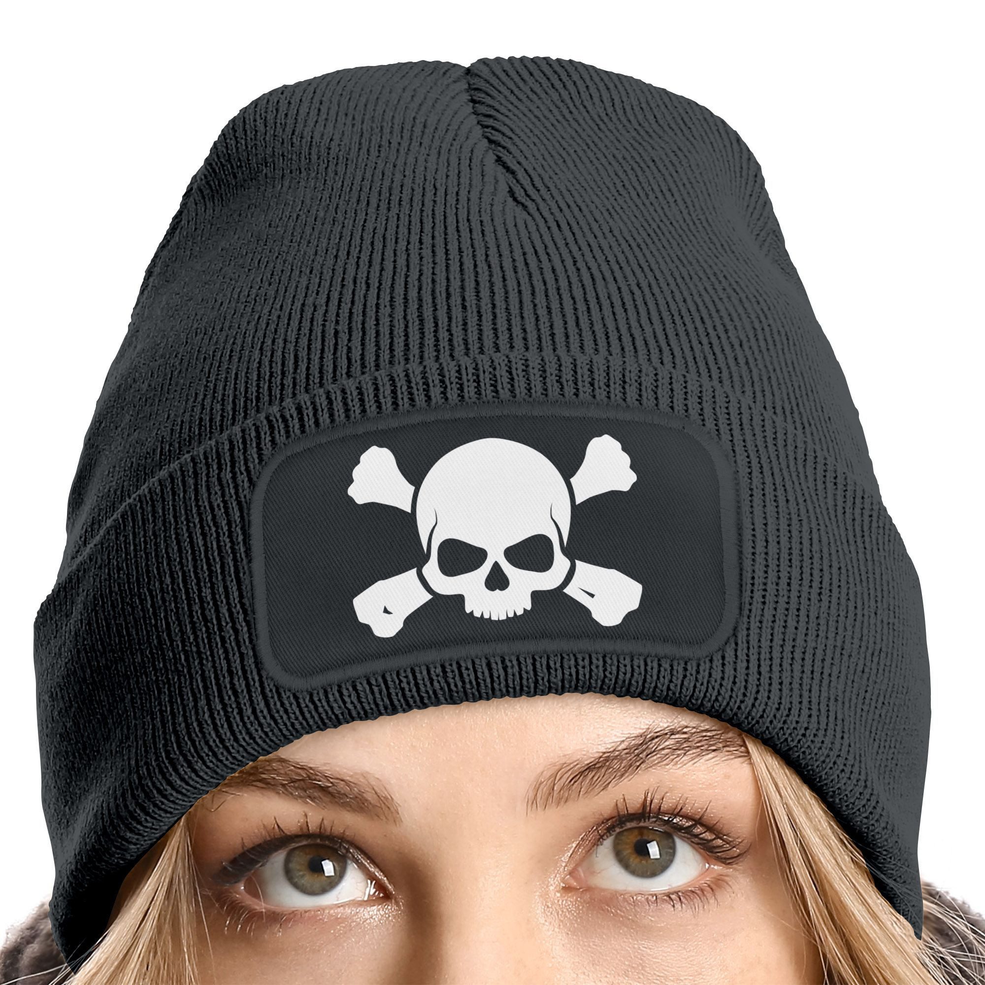 MoonWorks Strickmütze Damen Beanie mit Patch Totenkopf Design Strickmütze mit Spruch