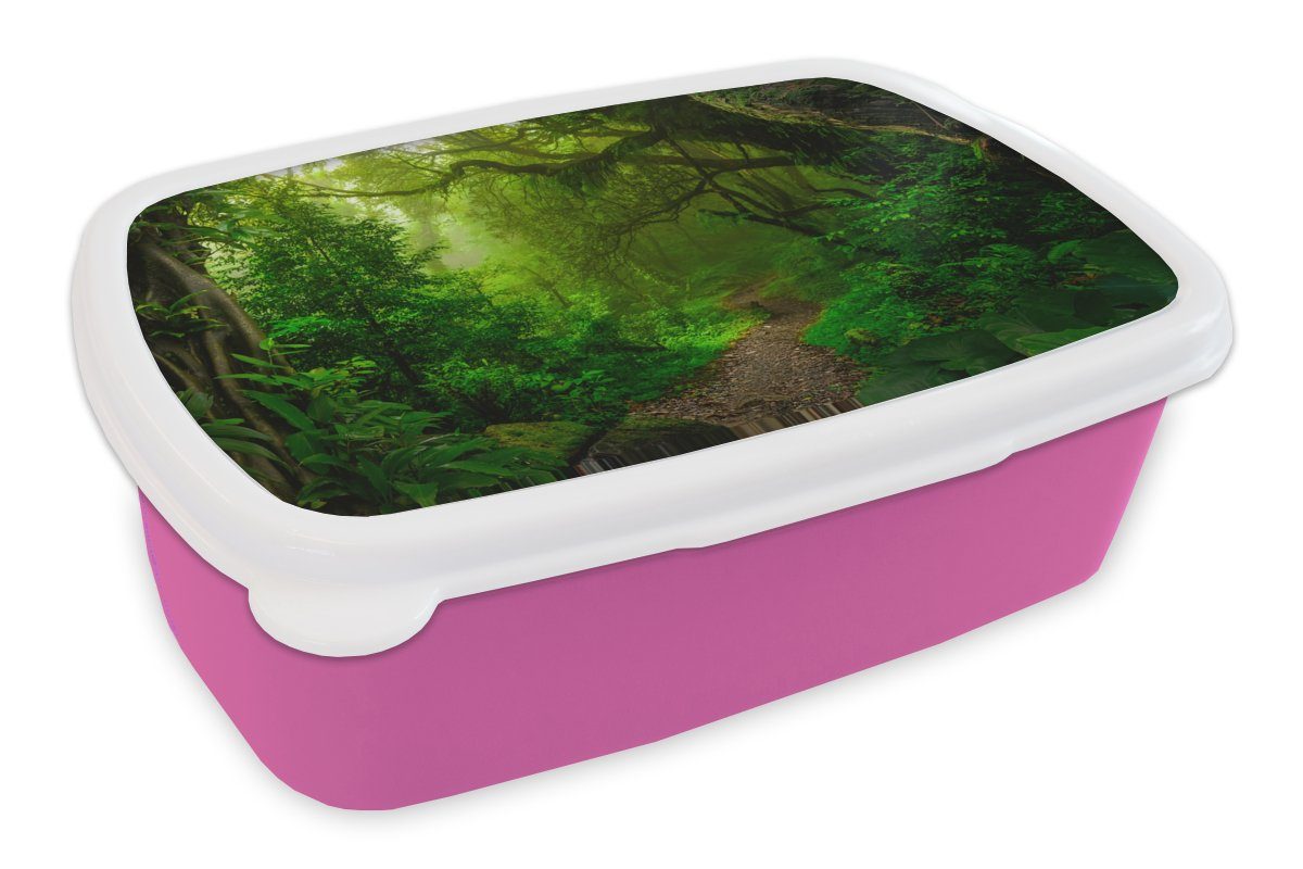 MuchoWow Lunchbox Landschaft - Dschungel - Tropisch - Sonne - Grün, Kunststoff, (2-tlg), Brotbox für Erwachsene, Brotdose Kinder, Snackbox, Mädchen, Kunststoff rosa