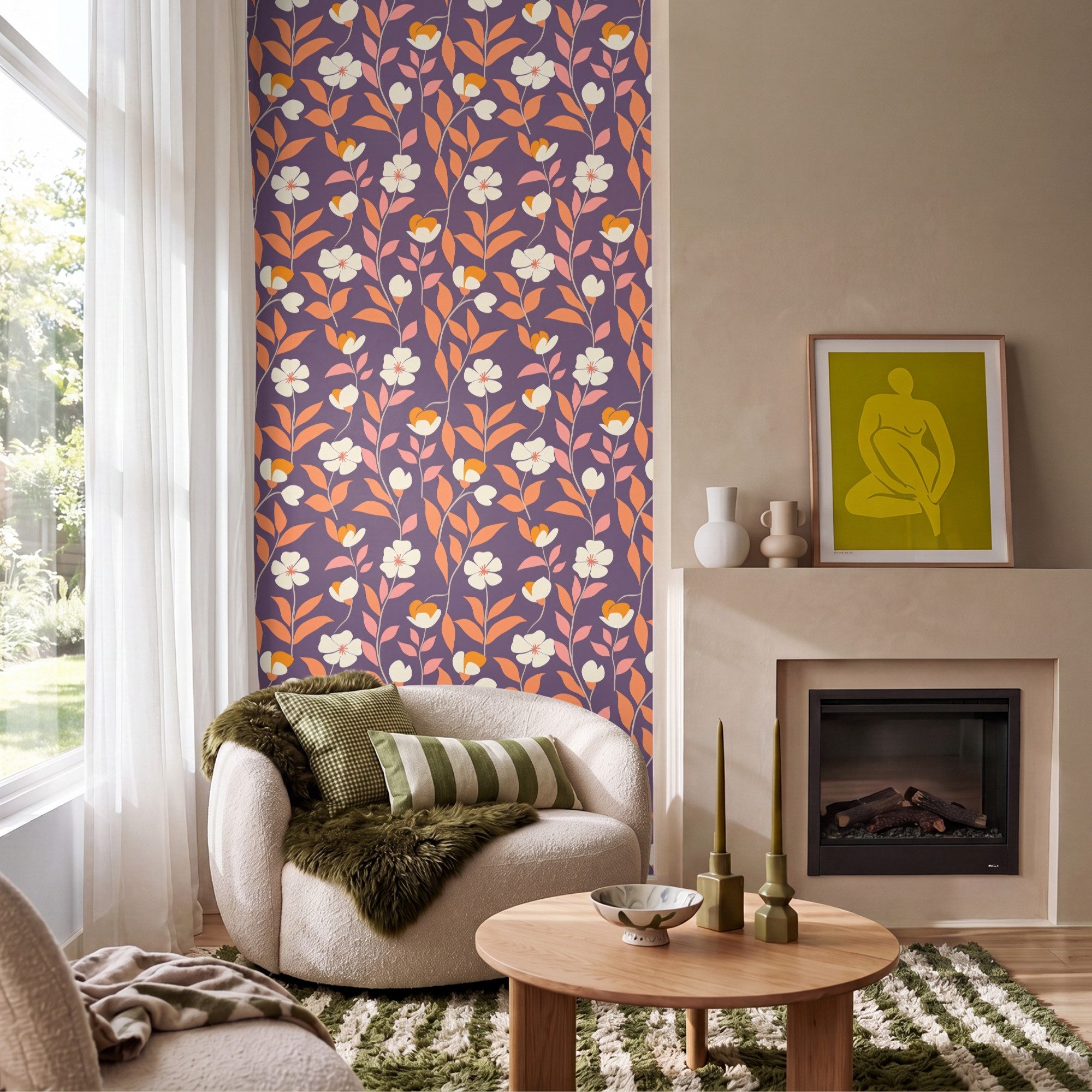 OnlyWow Fototapete Boho - Vintage - Lila, Matt, bedruckt, Wandtapete, Schlafzimmer, Wanddekoration 100x220cm