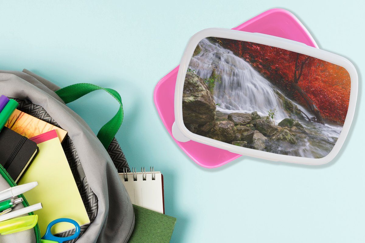 Lunchbox Herbst, Snackbox, Erwachsene, - Mädchen, für Kunststoff - Kunststoff, rosa Kinder, Wasser - Felsen (2-tlg), Wasserfall Brotdose MuchoWow Brotbox