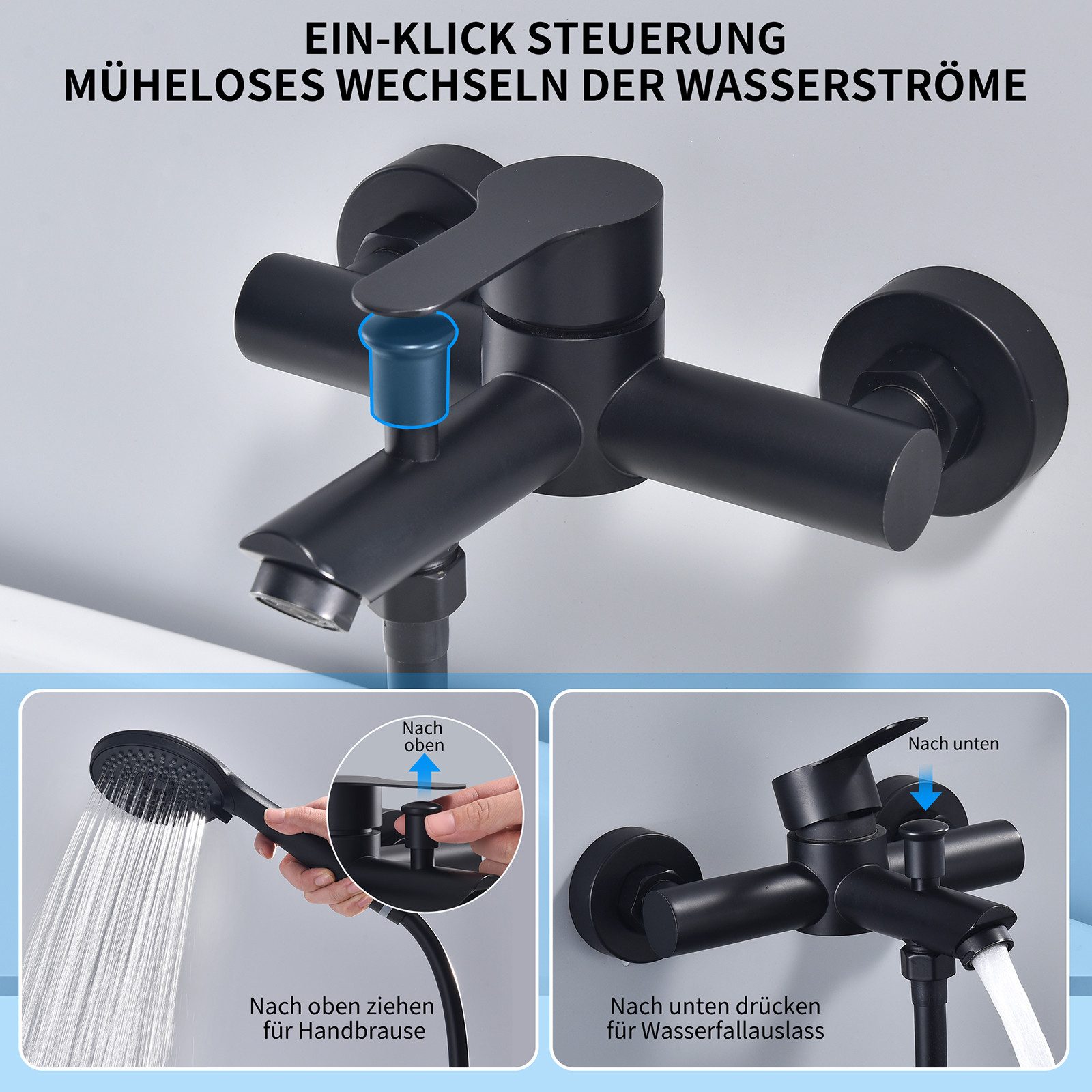 HOMELODY Wannenarmatur Badewannenarmatur Set Schwarz mit 4-strahliger Handbrause,Edelstahl (1-St) Edelstahl Duscharmatur Wandmontage mit G1/2 Anschluss