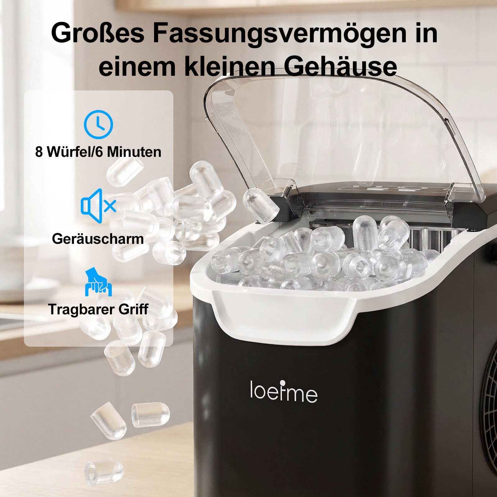 loefme Eiswürfelmaschine Tragbarer Eiswürfelbereiter, 6 Minuten Schnellproduktion, Selbstreinigung, leiser Betrieb, 12KG/24H, für Zuhause Party