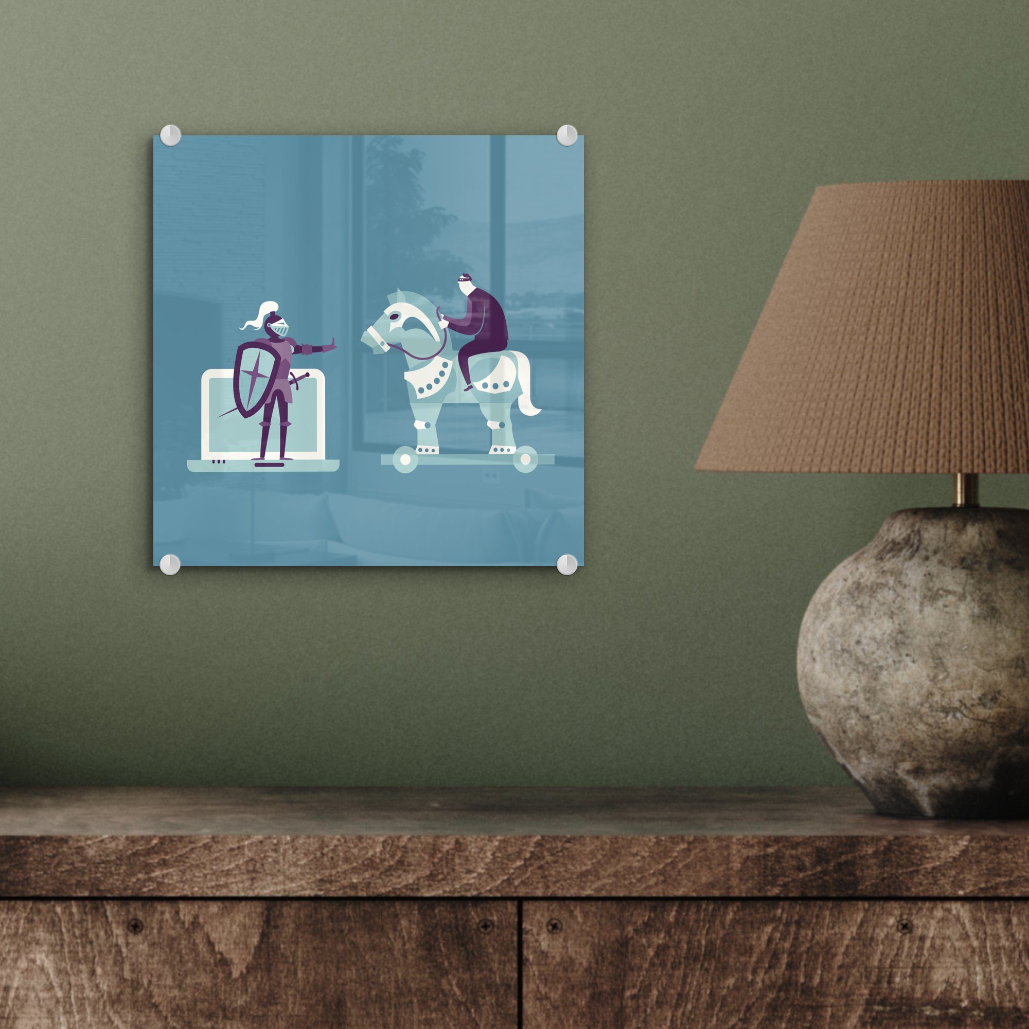 Acrylglasbild Hackers Glasbilder - St), einem Einfache trojanischen Wandbild auf (1 Pferd, Glas eines MuchoWow Bilder Foto Wanddekoration - auf - Illustration auf Glas