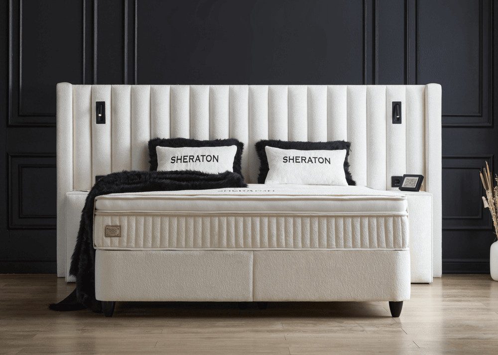 abc bedding Boxspringbett Boxspringbett SHERATON in stilvollem hellbeigem Creme-Stoffdesign, Voll-orthopädisches Schlafsystem inklusive Bettkasten