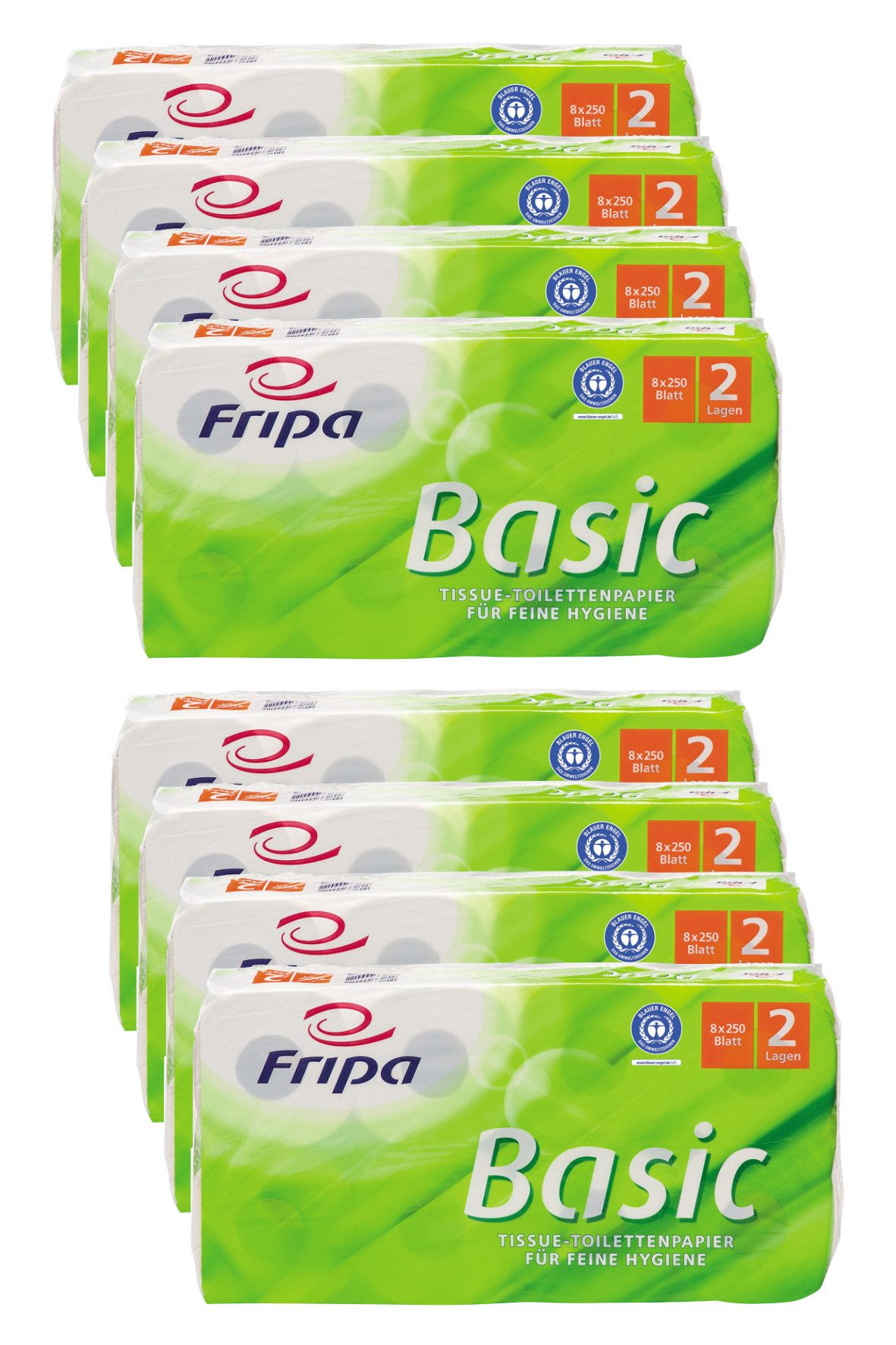 DocMed Toilettenpapier Fripa - Toilettenpapier basic, 2-lagig, 8 Rollen oder 8er Pack (Blauer Engel Zertifizierung 64-St. Toilettenpapier sanft und stark), Recyclingqualität, Praktisches Blattformat